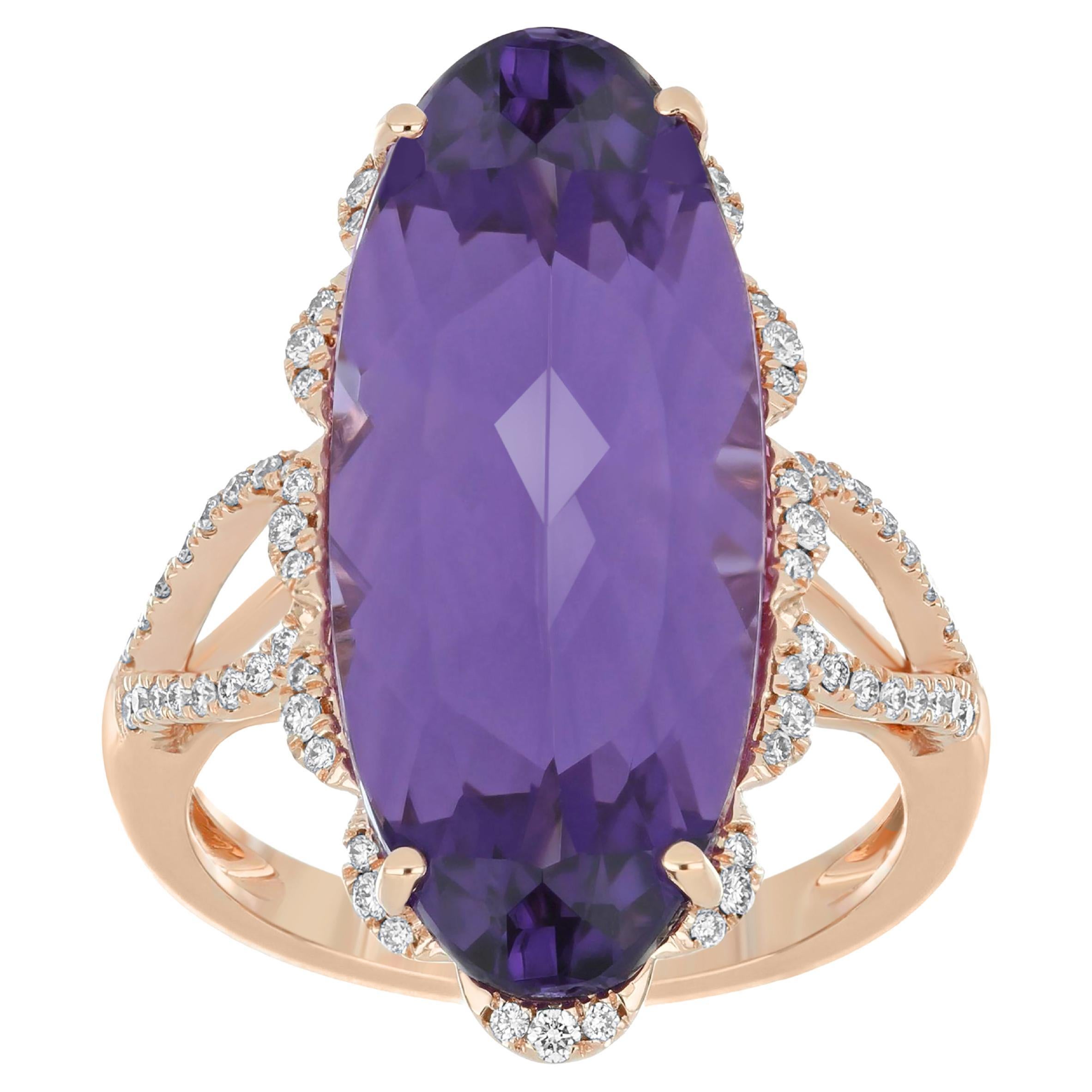 For Sale:  Amethyst and Diamond Studded Ring 14 Karat Rose Gold