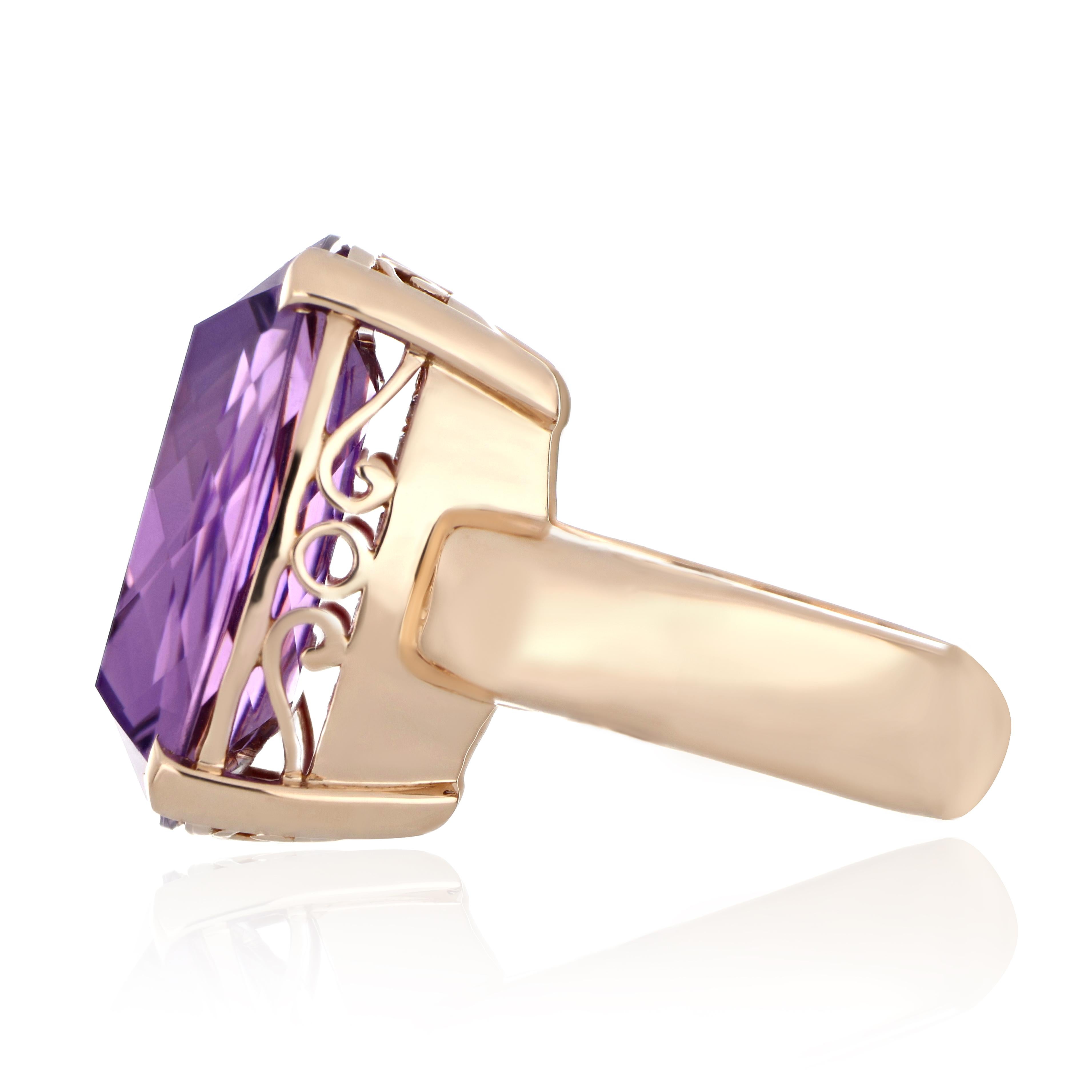 Contemporary Amethyst and Diamond Studded Ring in 14 Karat Rose Gold For Sale