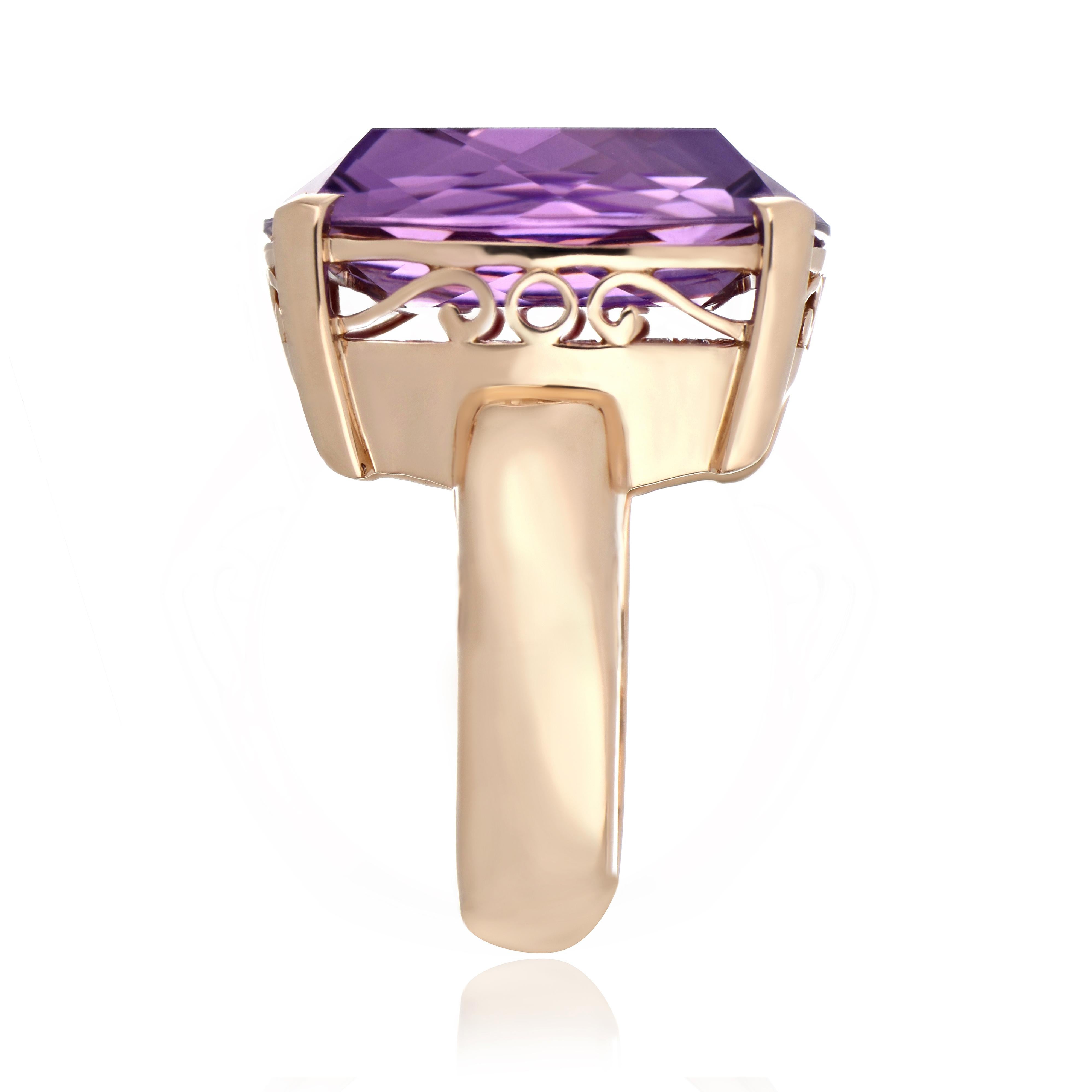 Women's Amethyst and Diamond Studded Ring in 14 Karat Rose Gold For Sale