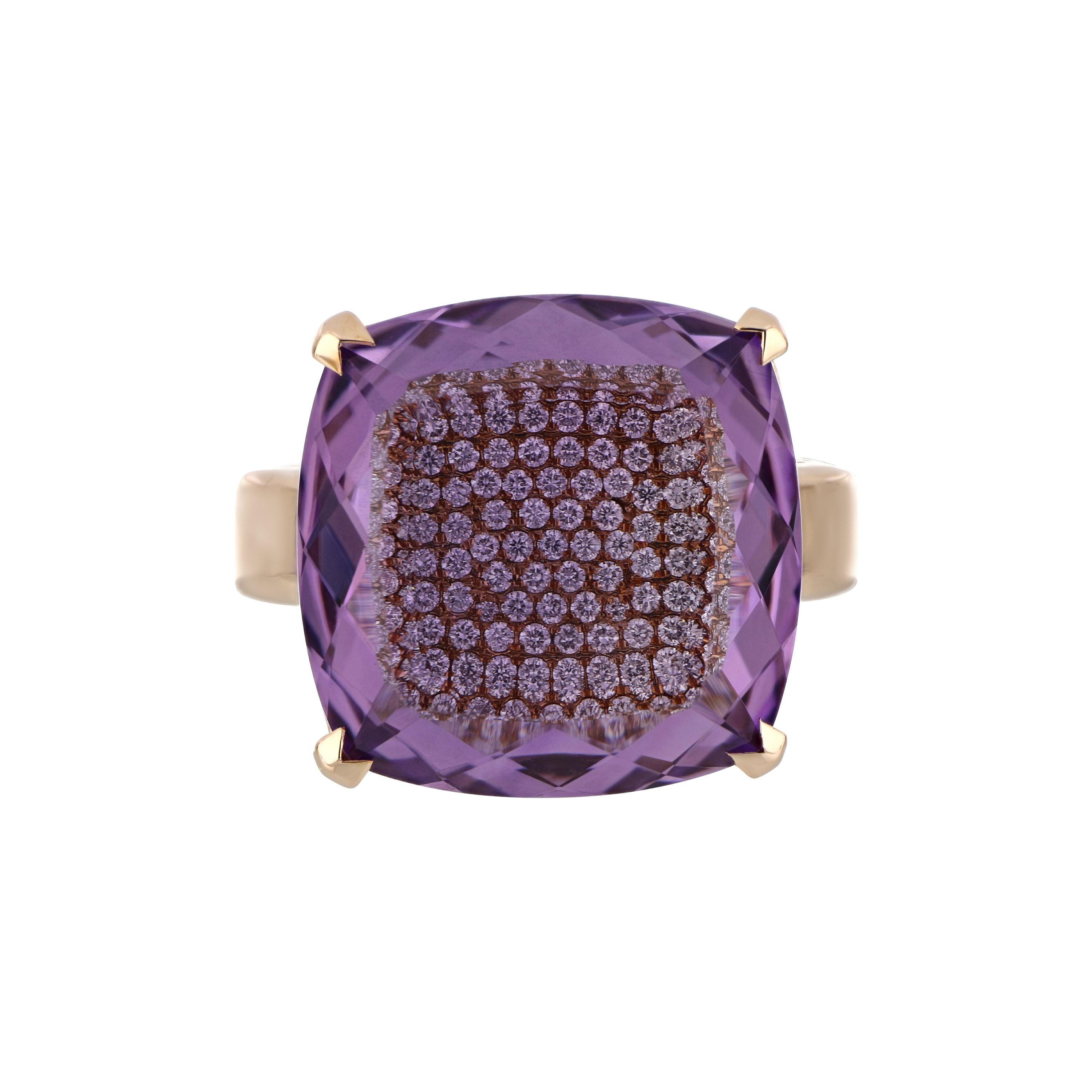 Amethyst and Diamond Studded Ring in 14 Karat Rose Gold For Sale