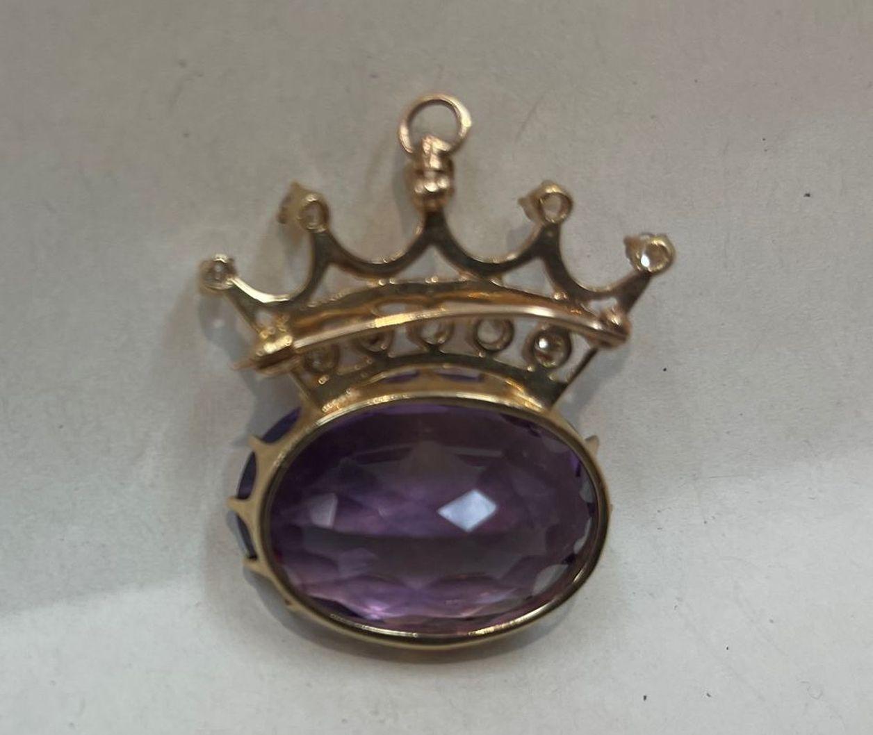 Amethyst and Diamond Vintage Gold Crown Edwardian Brooch and Necklace For Sale 1