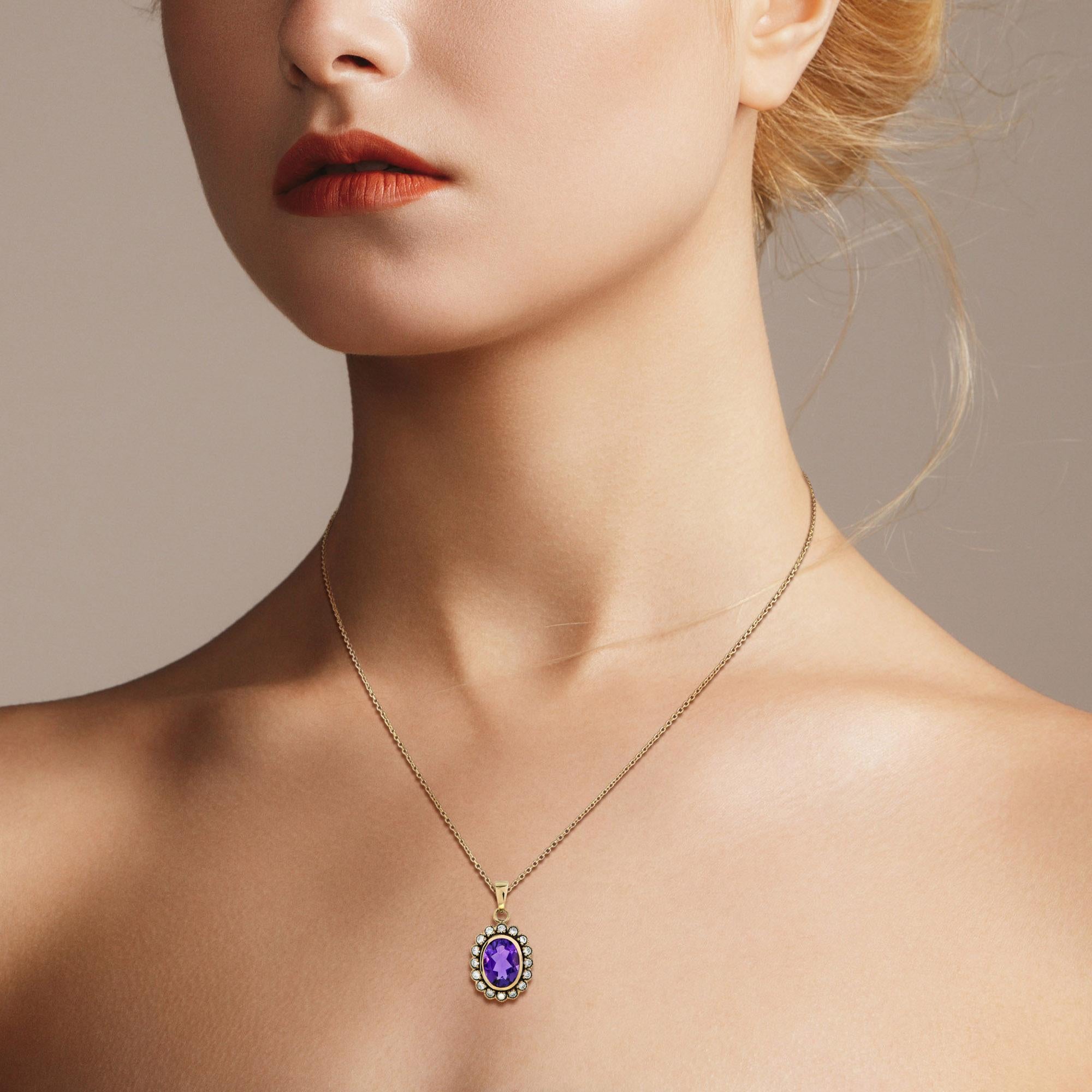A delicate diamond halo surrounding a stunning amethyst center gemstone creates a look that adds color with a classic and elegant design. This piece is perfect to wear alone or layered with your favorite pieces to create your own personalized