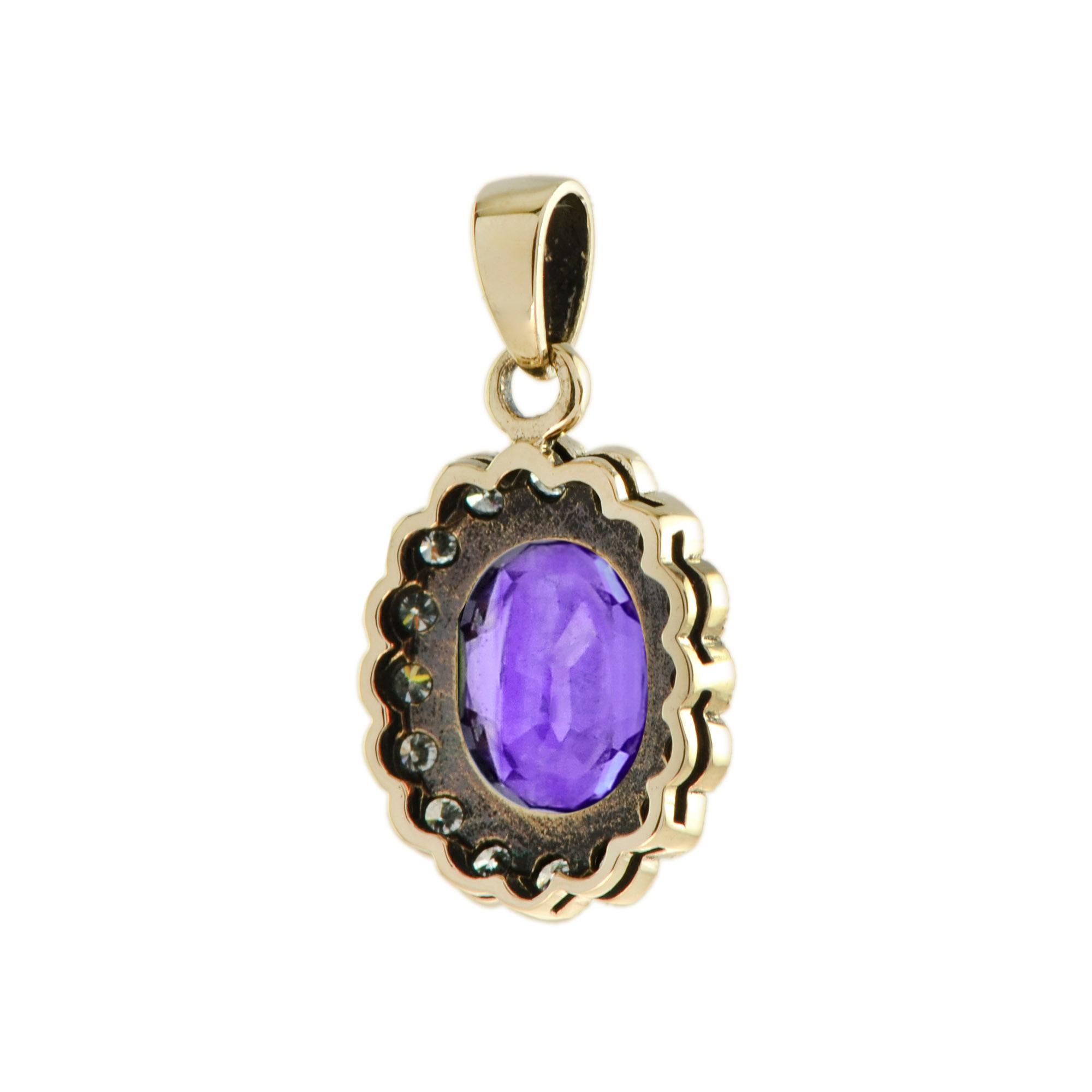 Oval Cut Amethyst and Diamond Vintage Style Pendant in 9K Yellow Gold For Sale