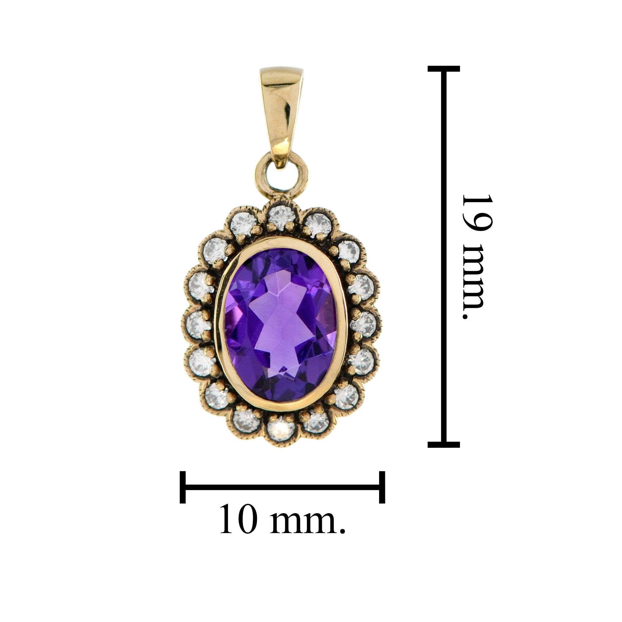 Amethyst and Diamond Vintage Style Pendant in 9K Yellow Gold In New Condition For Sale In Bangkok, TH