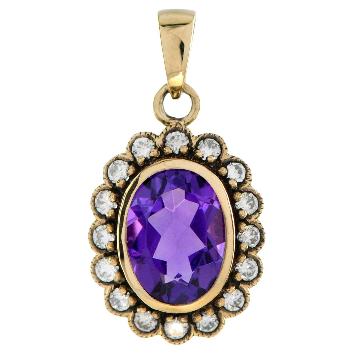 Amethyst and Diamond Vintage Style Pendant in 9K Yellow Gold For Sale