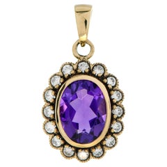 Amethyst and Diamond Vintage Style Pendant in 9K Yellow Gold