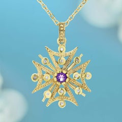 Pendentif flocon de neige en améthyste et diamant de style vintage en jaune 9K  Or