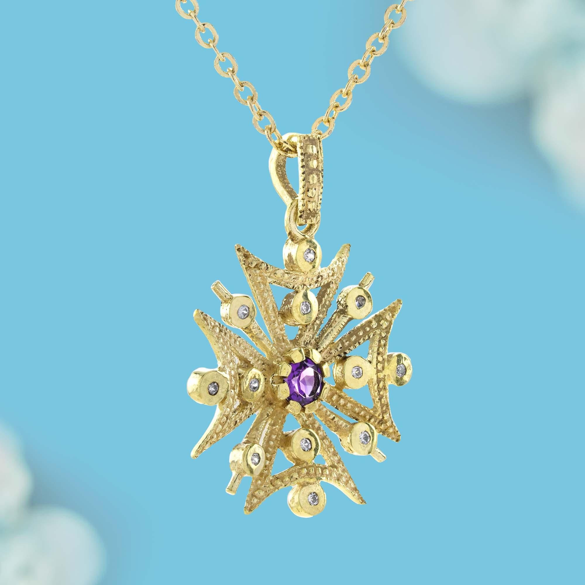 Amethyst und Diamant Vintage Style Schneeflocke Anhänger in 9K Gelb  Gold (Edwardian) im Angebot