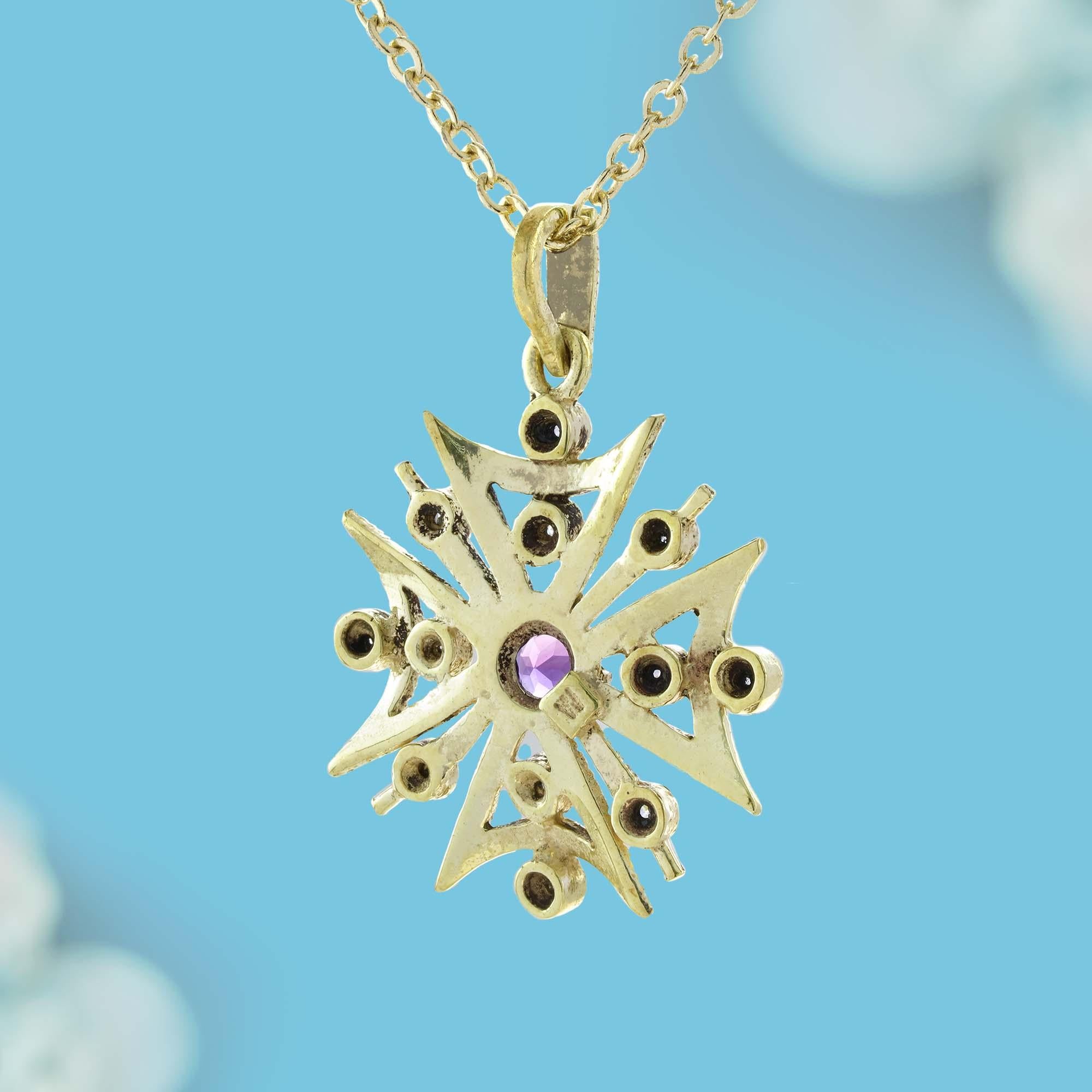 Amethyst und Diamant Vintage Style Schneeflocke Anhänger in 9K Gelb  Gold (Rundschliff) im Angebot