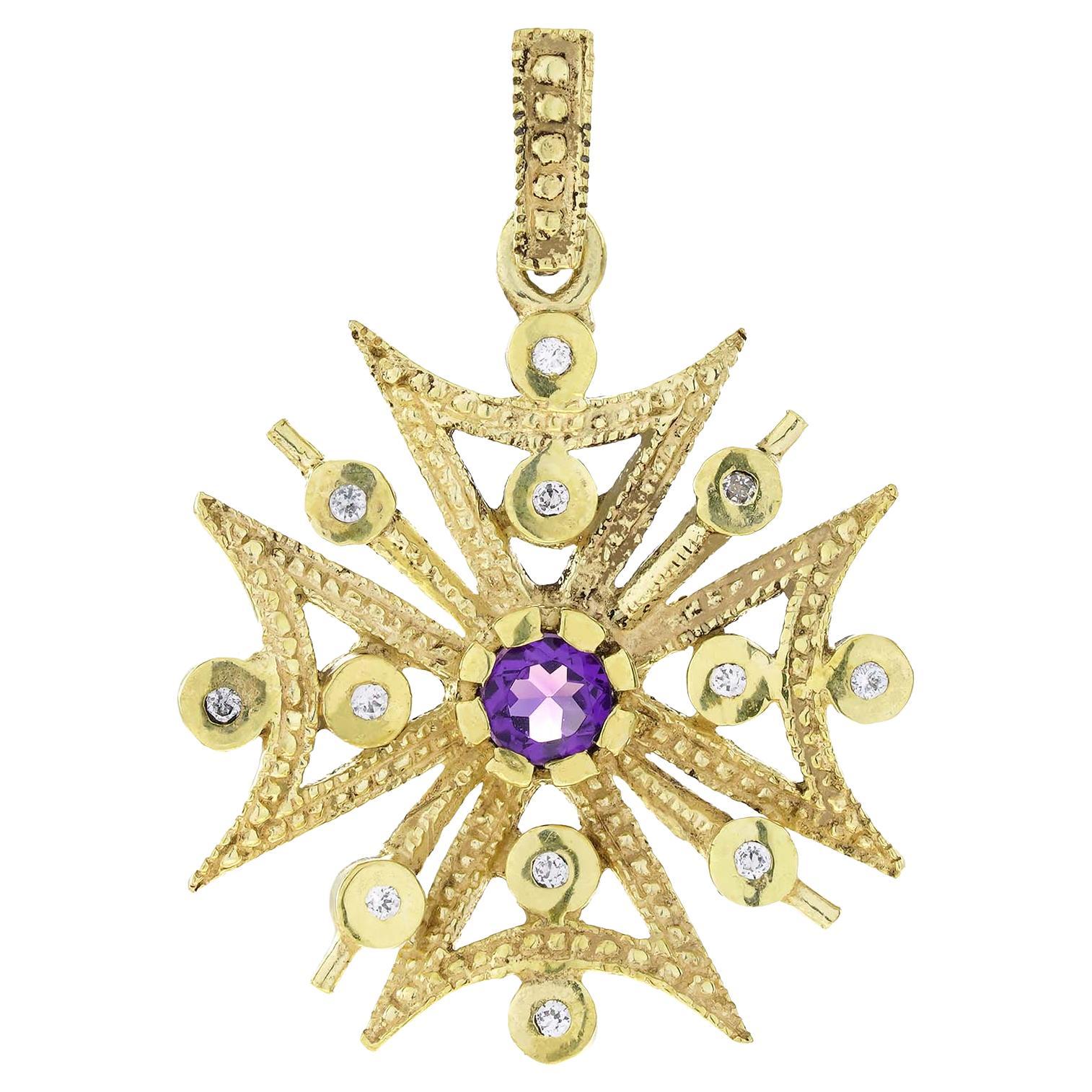 Pendentif flocon de neige en améthyste et diamant de style vintage en jaune 9K  Or