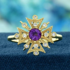 Amethyst and Diamond Vintage Style Snowflake Ring in Solid 9K Yellow Gold