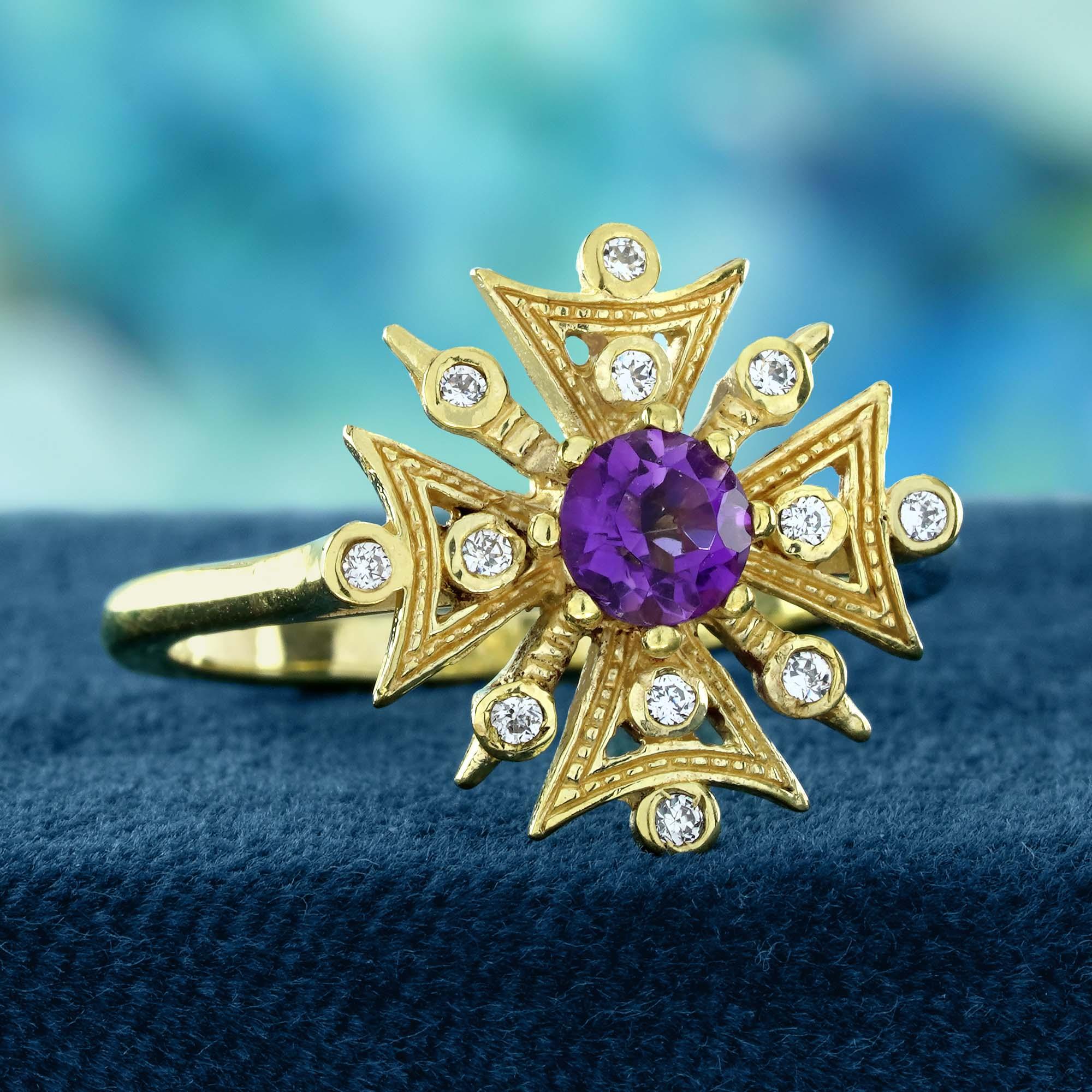 Édouardien Bague flocon de neige de style vintage en or jaune 9K massif, améthyste et diamant en vente