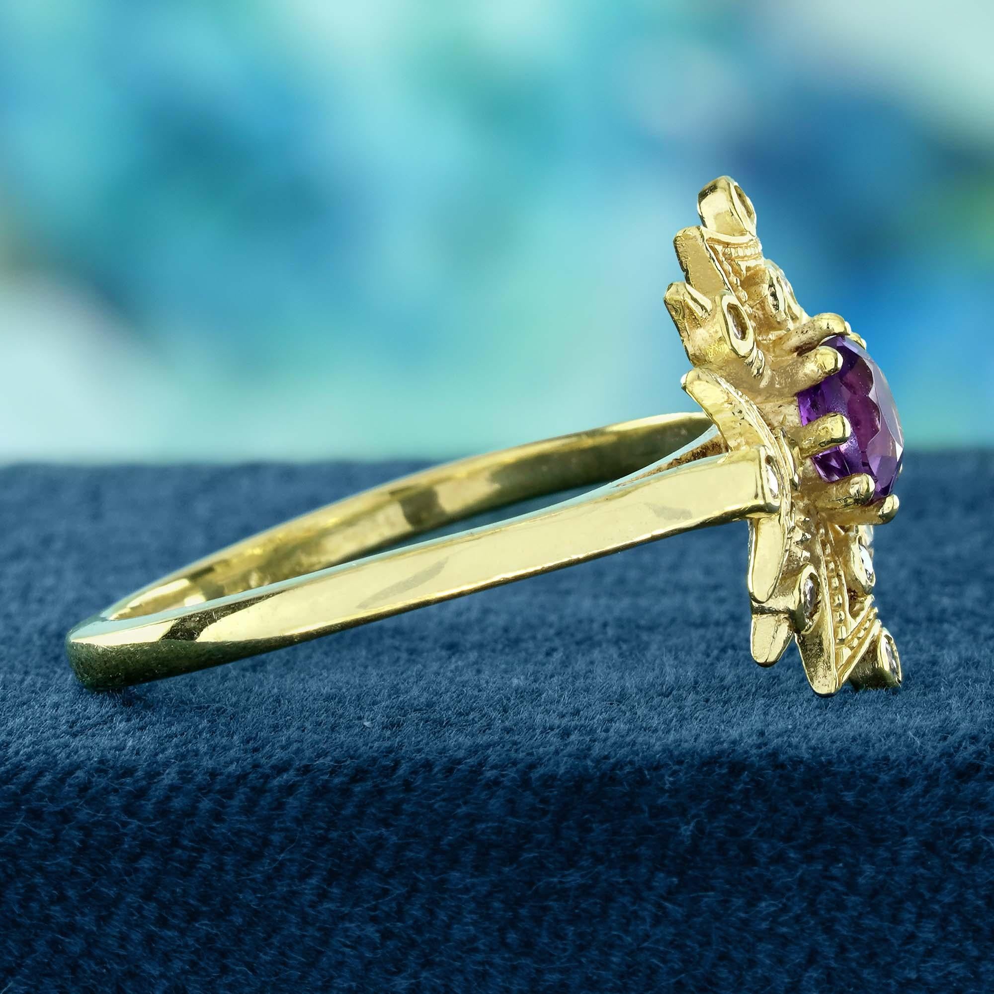 Anillo Copo de Nieve Estilo Vintage de Amatista y Diamante en Oro Amarillo Macizo de 9 K Corte redondo en venta