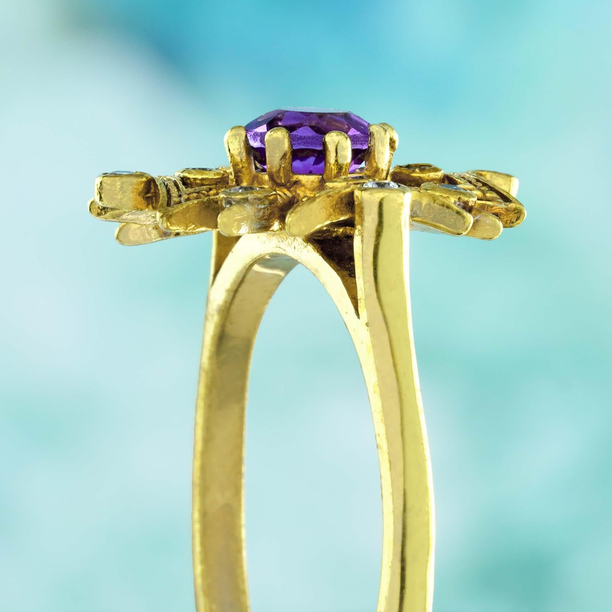 Bague flocon de neige de style vintage en or jaune 9K massif, améthyste et diamant Neuf - En vente à Bangkok, TH