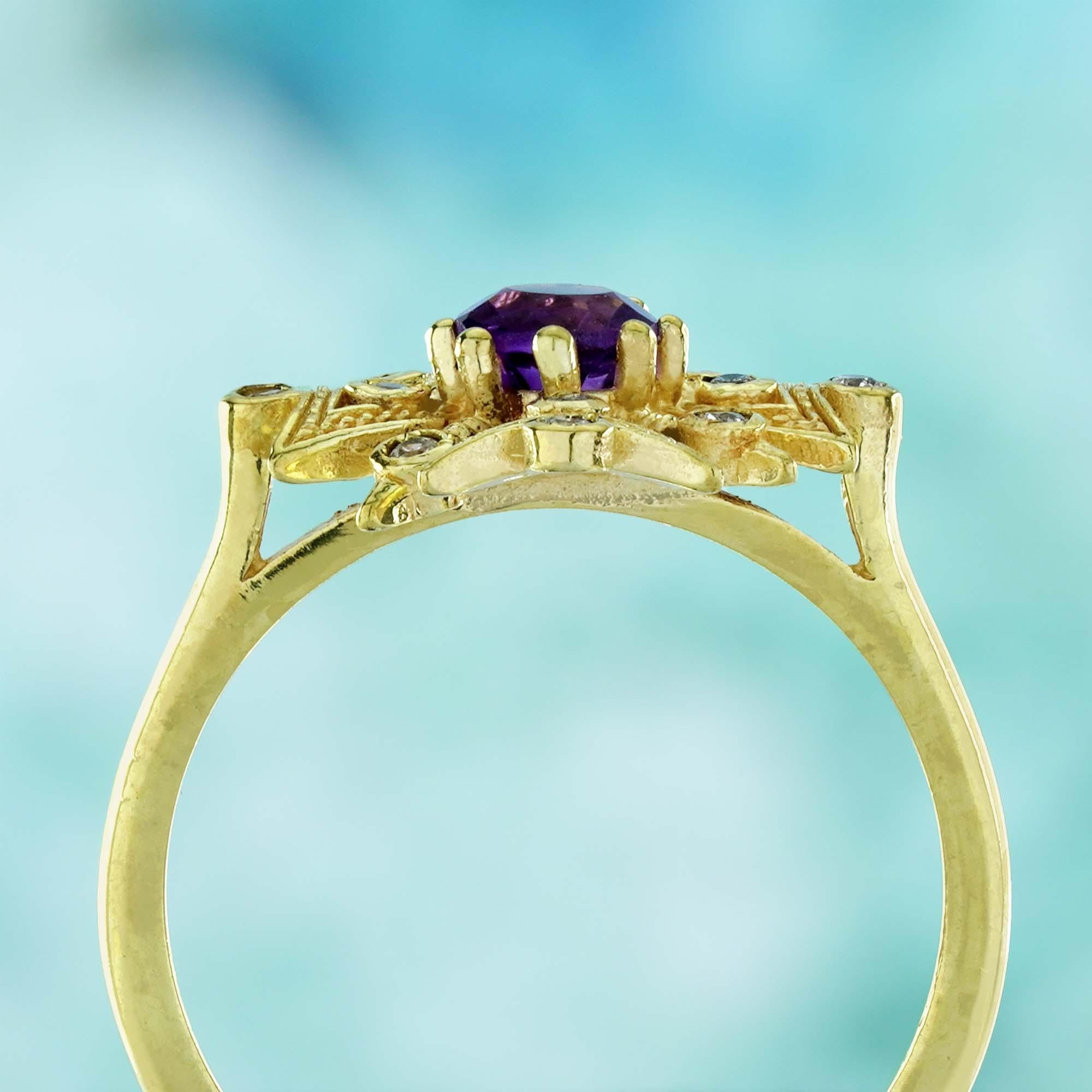 Bague flocon de neige de style vintage en or jaune 9K massif, améthyste et diamant Pour femmes en vente