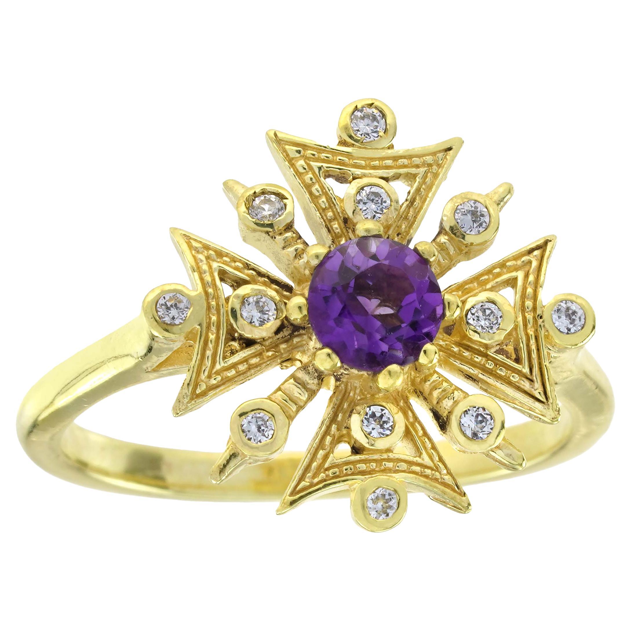 Amethyst and Diamond Vintage Style Snowflake Ring in Solid 9K Yellow Gold