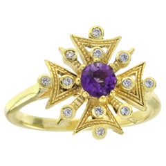 Amethyst and Diamond Vintage Style Snowflake Ring in Solid 9K Yellow Gold