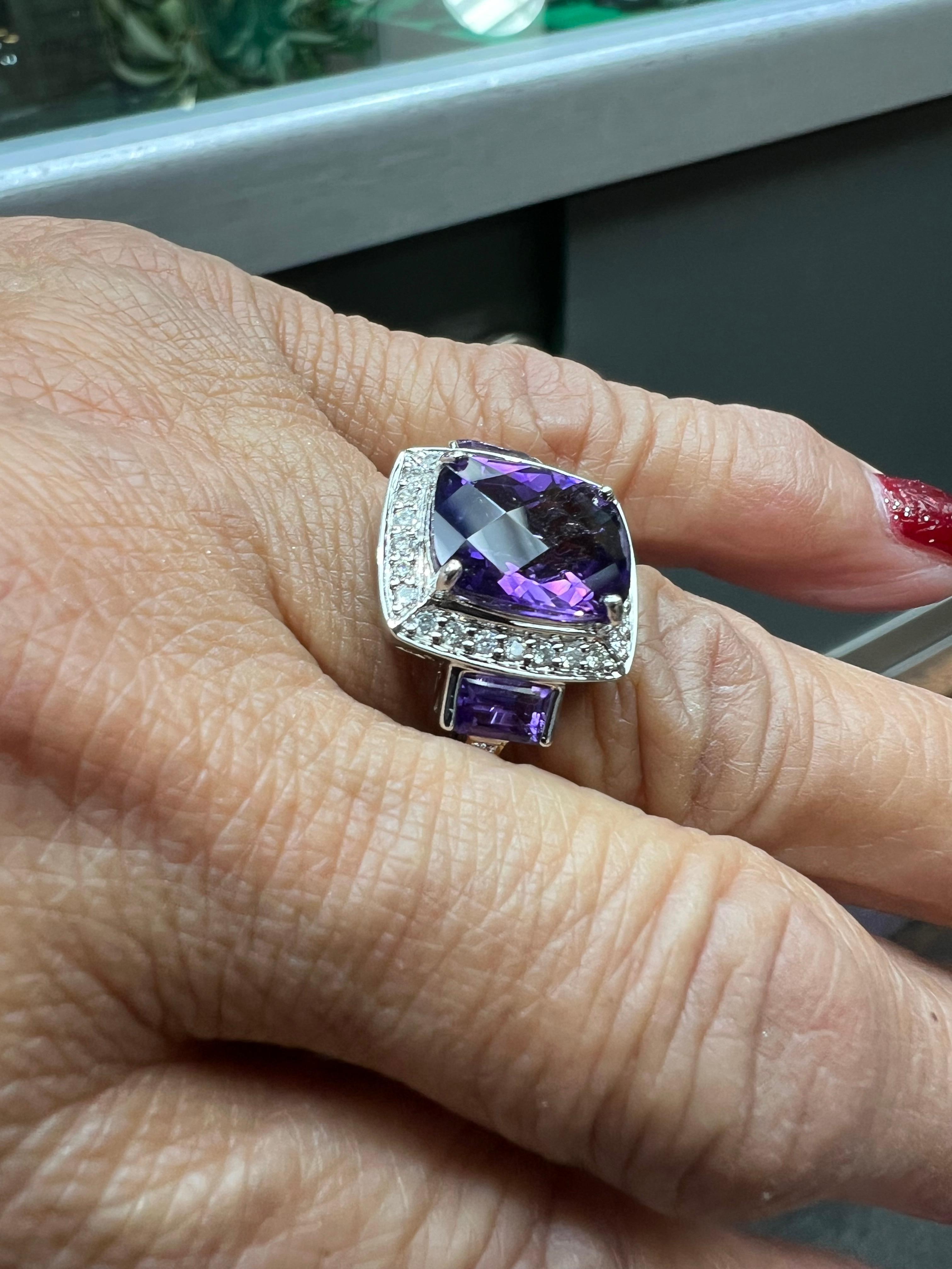 Mixed Cut Amethyst And Diamond White Gold Ring Size 8.25 For Sale