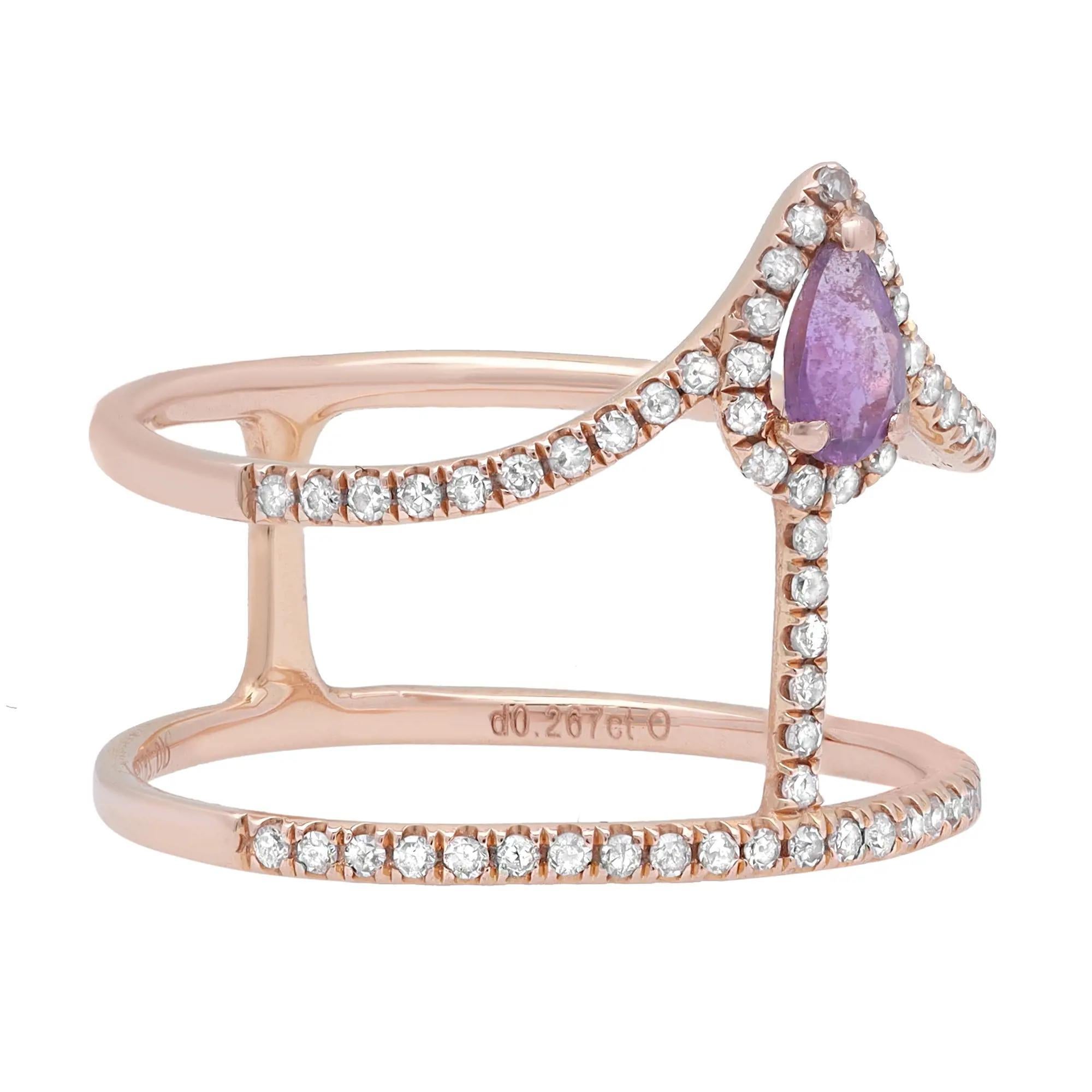 Round Cut Amethyst and Diamond Wide Band Ring 18K Rose Gold 0.26Cttw For Sale