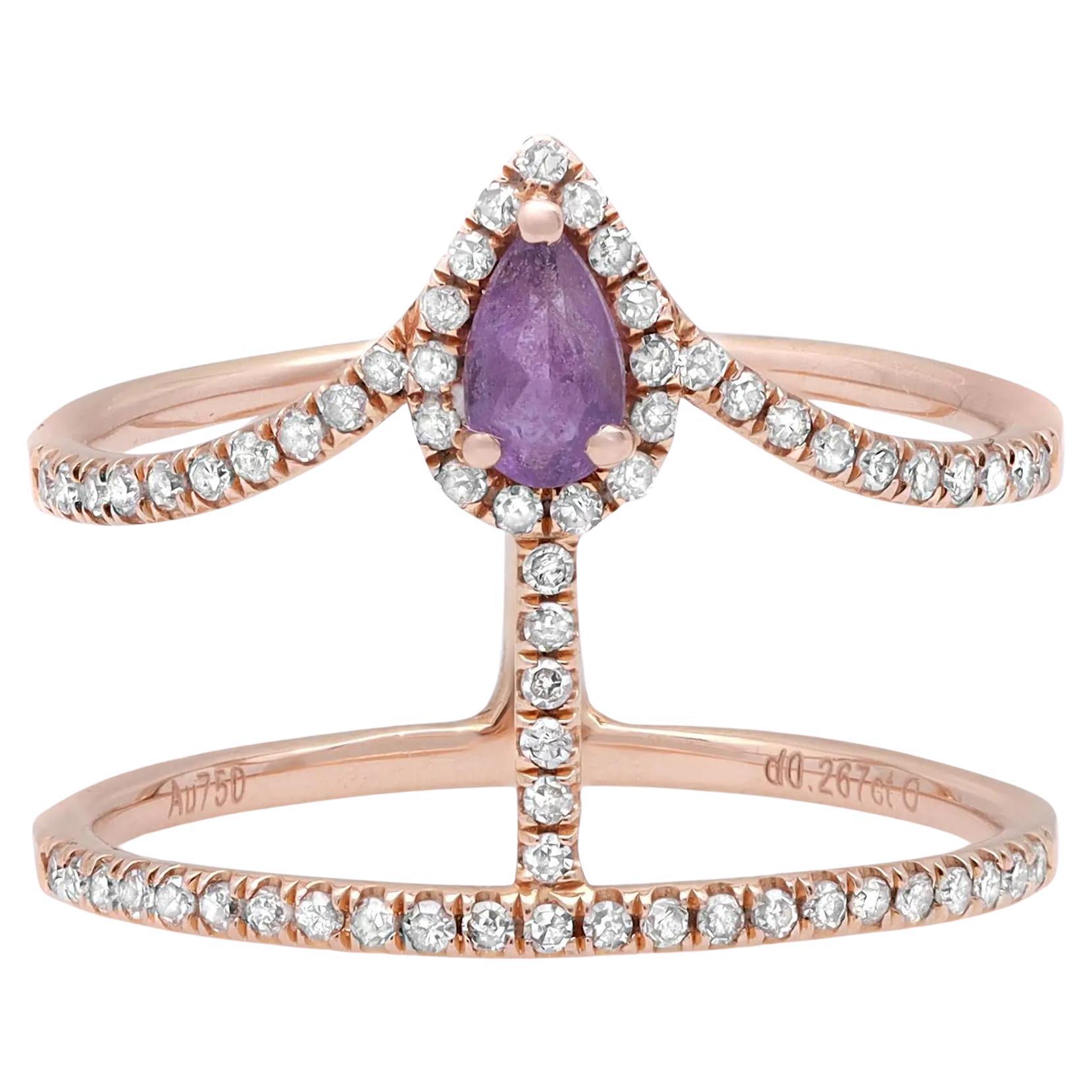 Amethyst and Diamond Wide Band Ring 18K Rose Gold 0.26Cttw