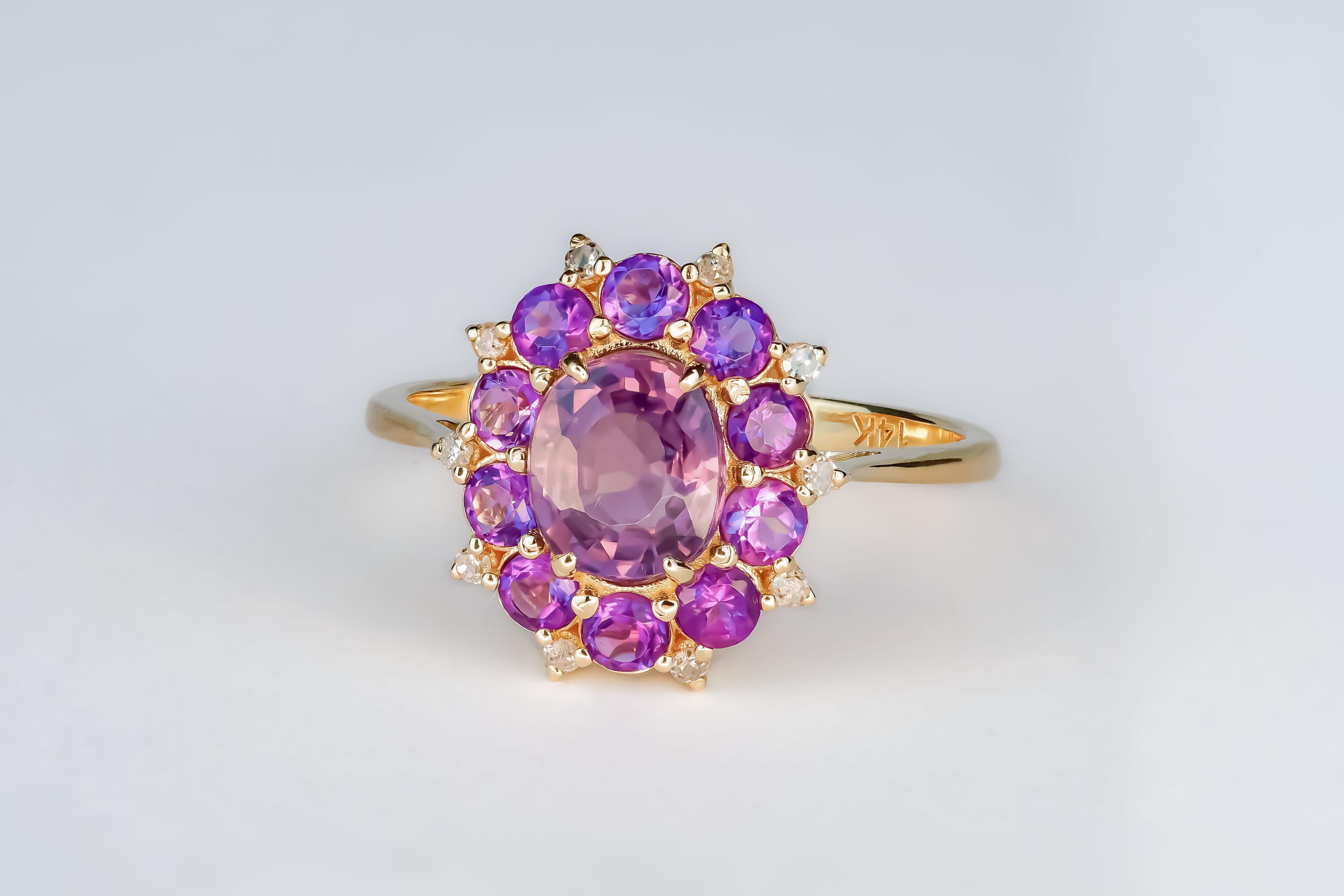 Amethyst und Diamanten 14k Gold Ring (Ovalschliff) im Angebot