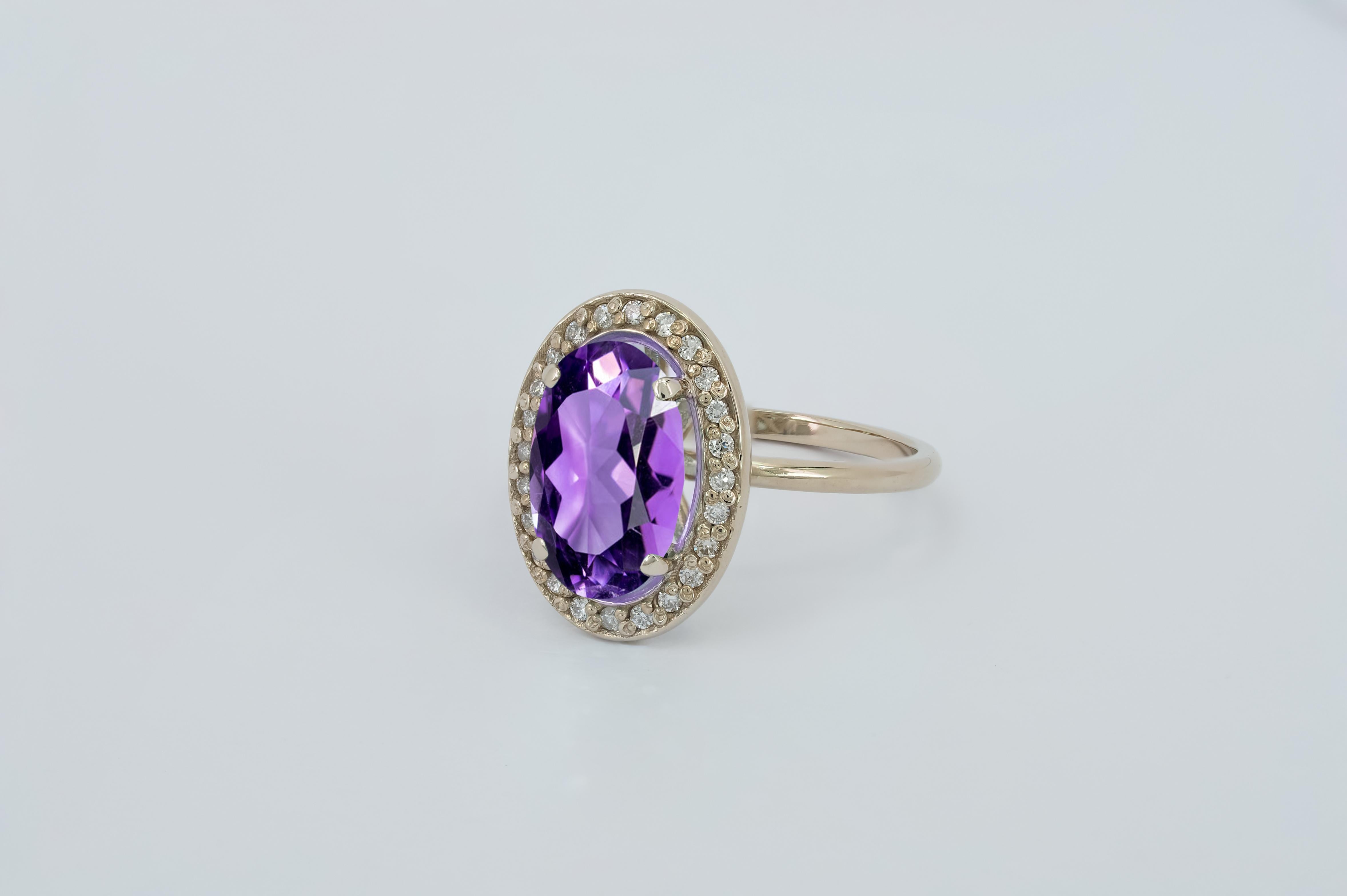 Amethyst and diamonds 14k gold ring. In New Condition In Istanbul, TR