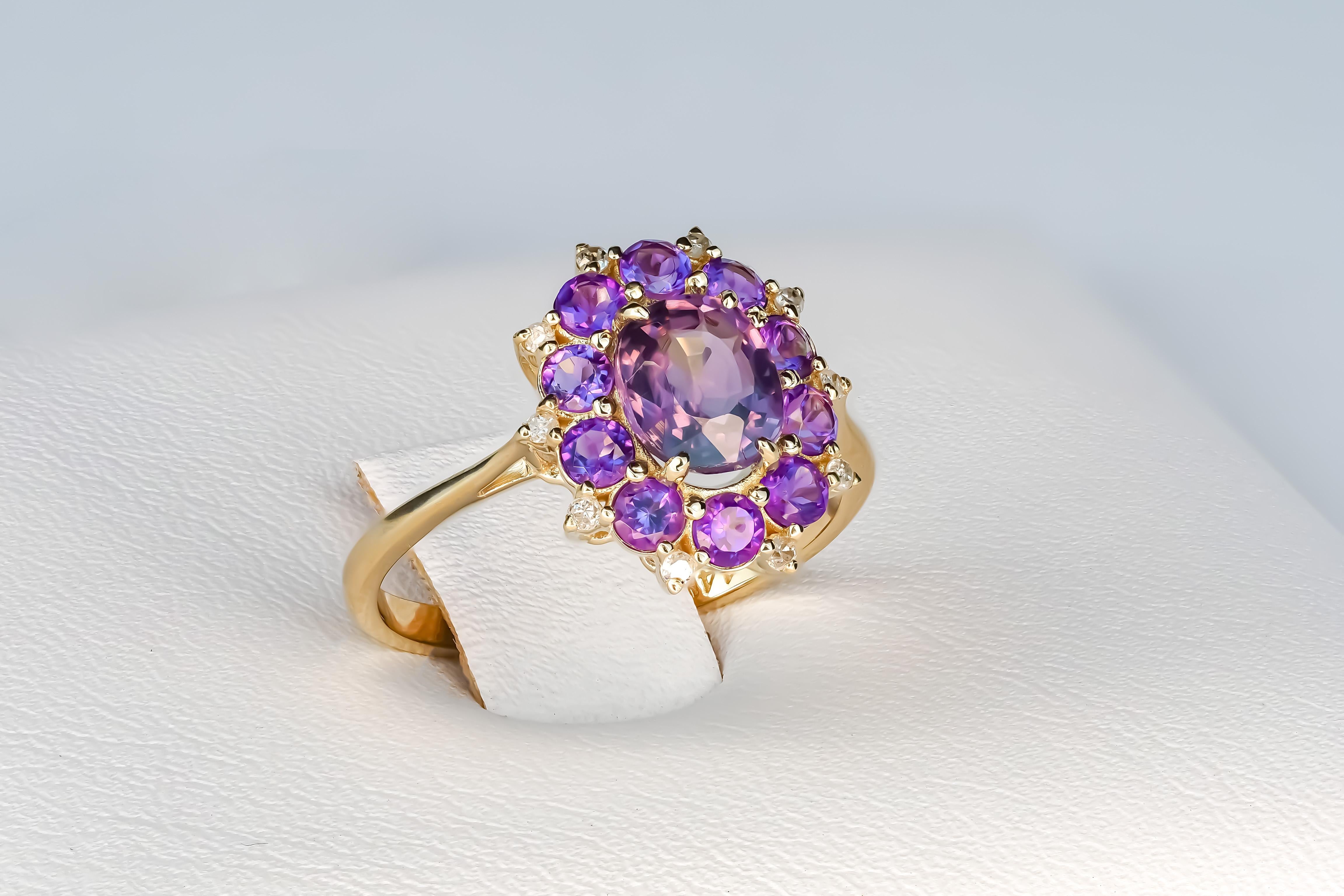 Amethyst und Diamanten 14k Gold Ring Damen im Angebot