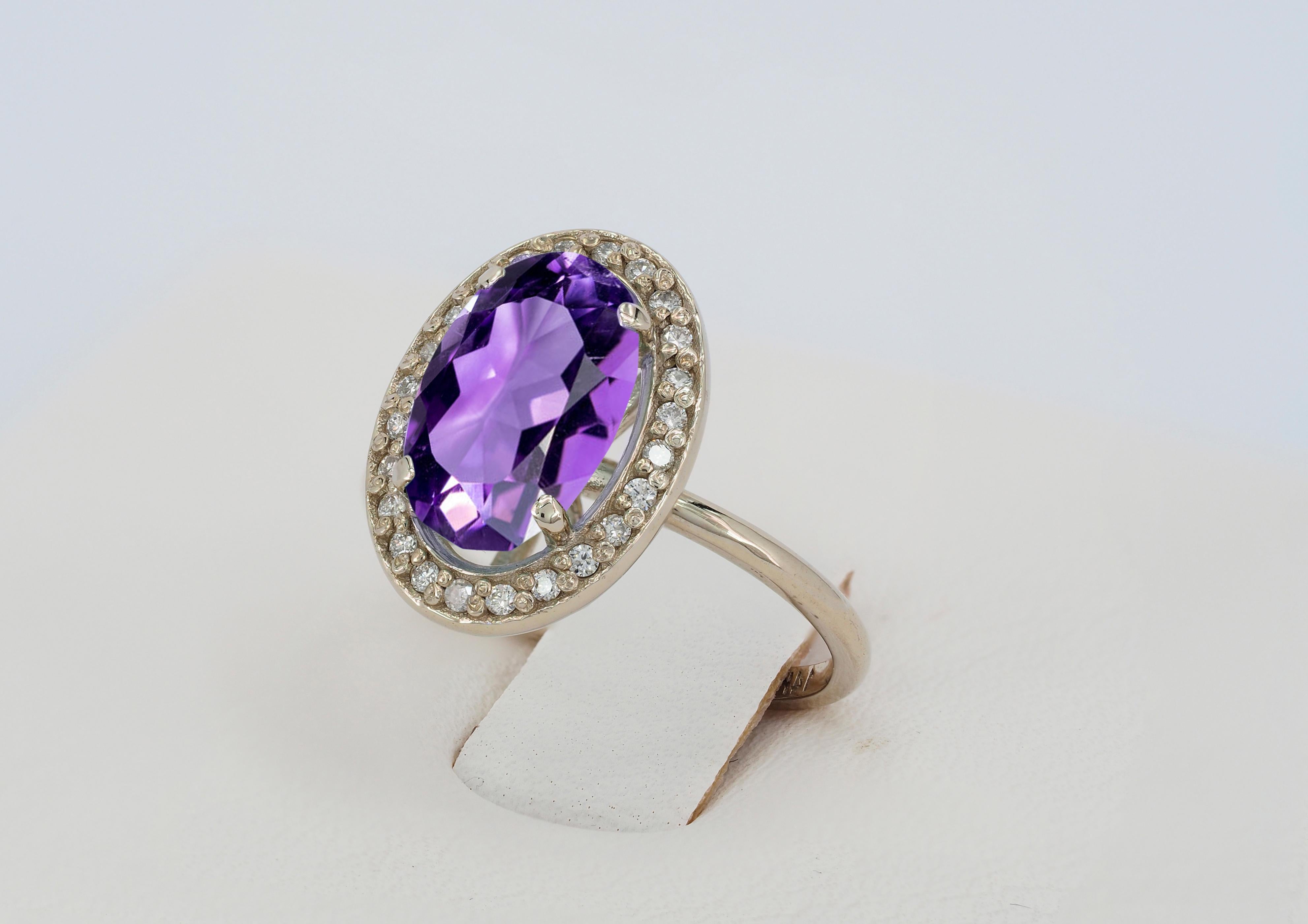 For Sale:  Amethyst and diamonds 14k gold ring. 7