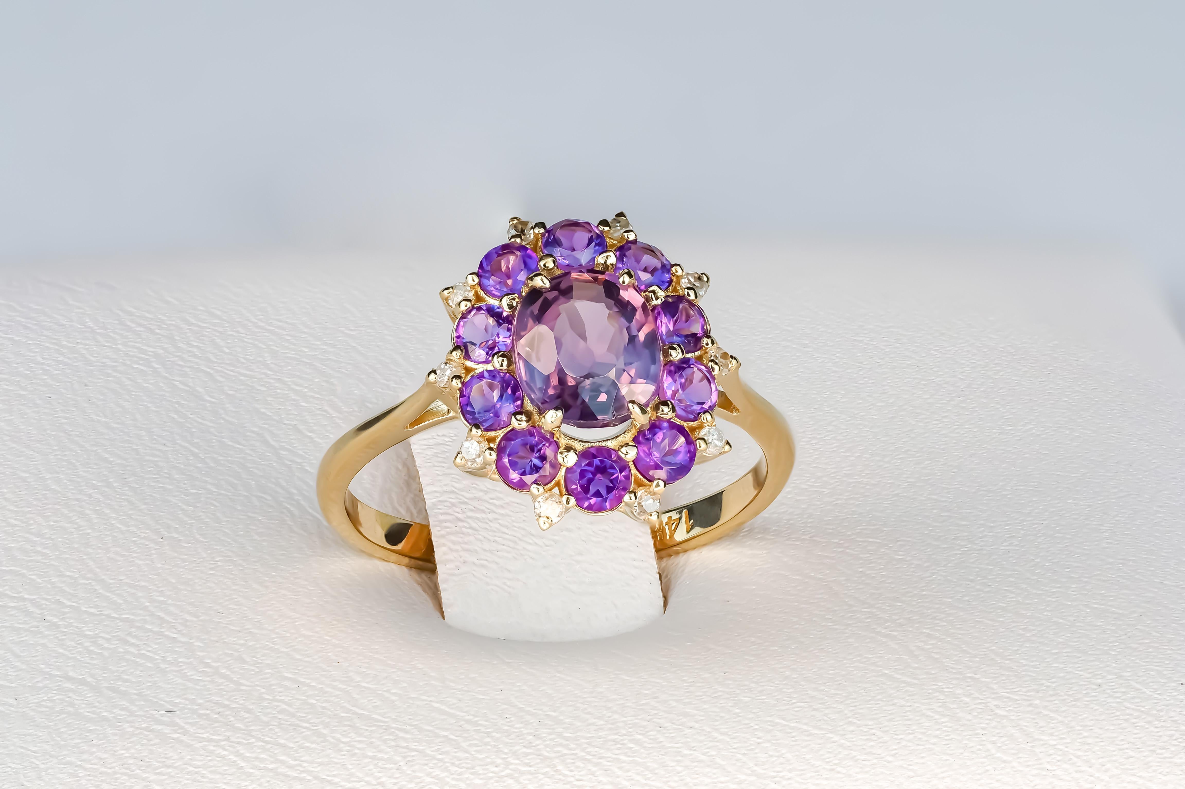 Amethyst und Diamanten 14k Gold Ring im Angebot 1