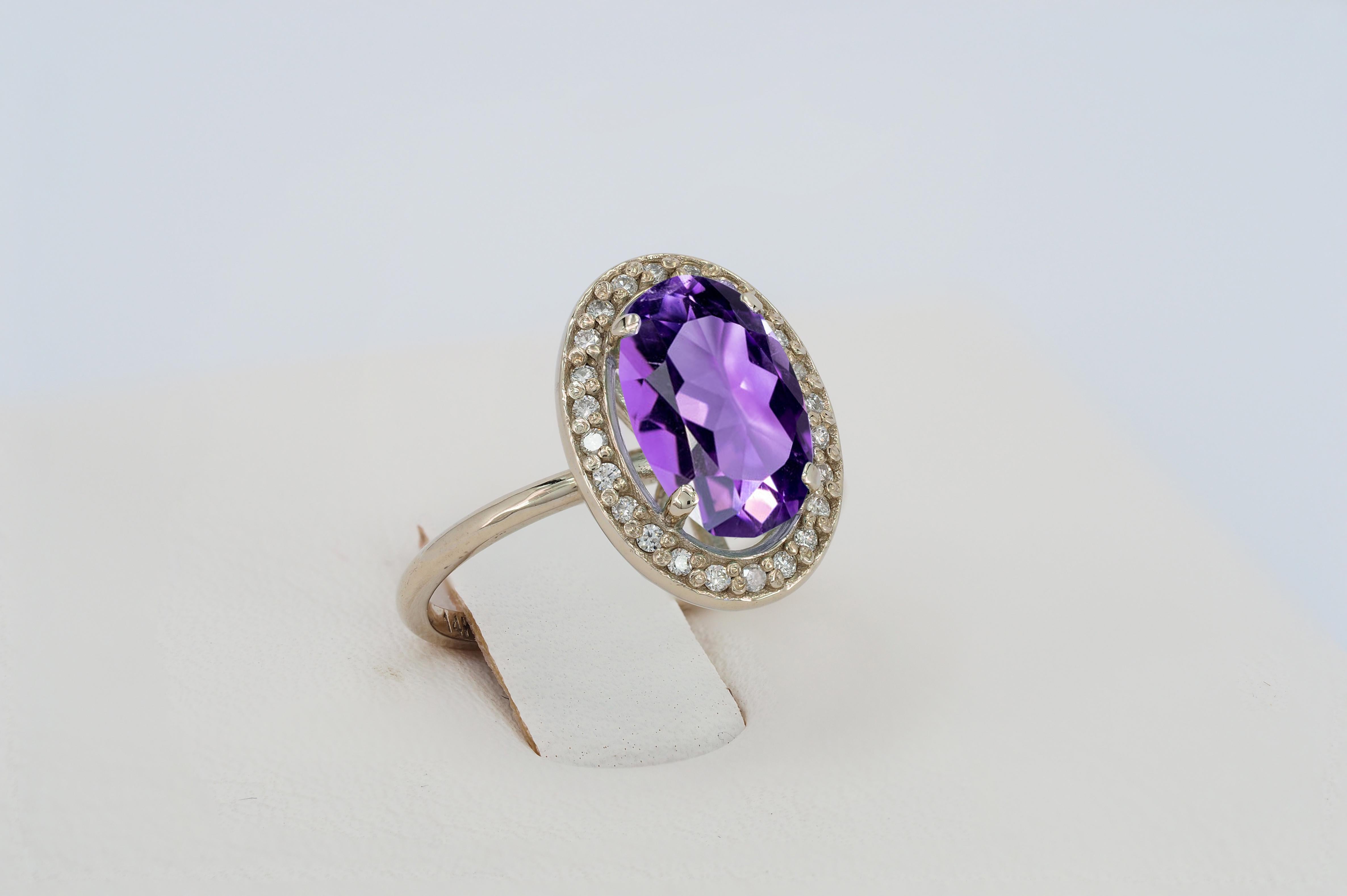 For Sale:  Amethyst and diamonds 14k gold ring. 8