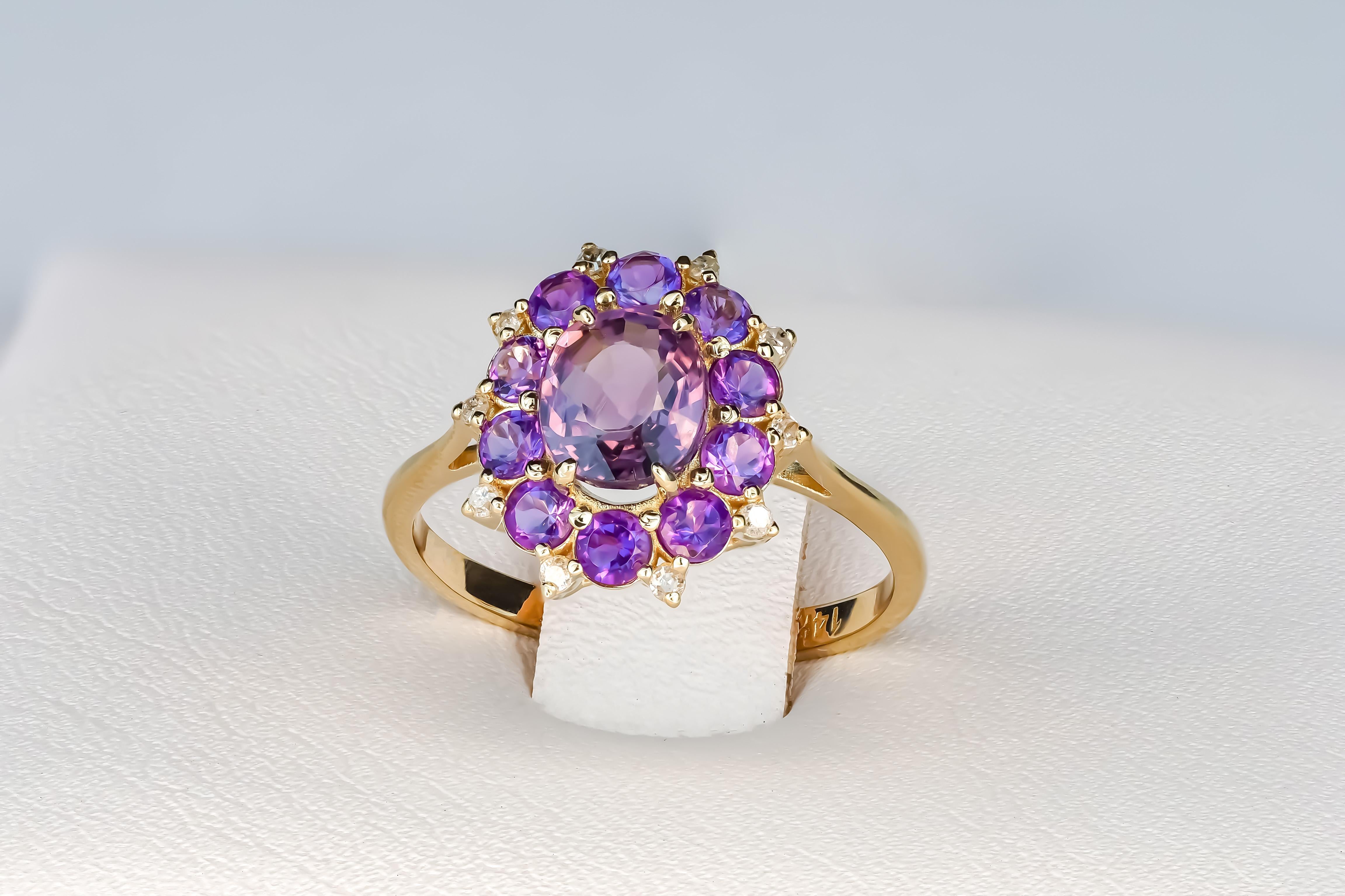 Amethyst und Diamanten 14k Gold Ring im Angebot 2