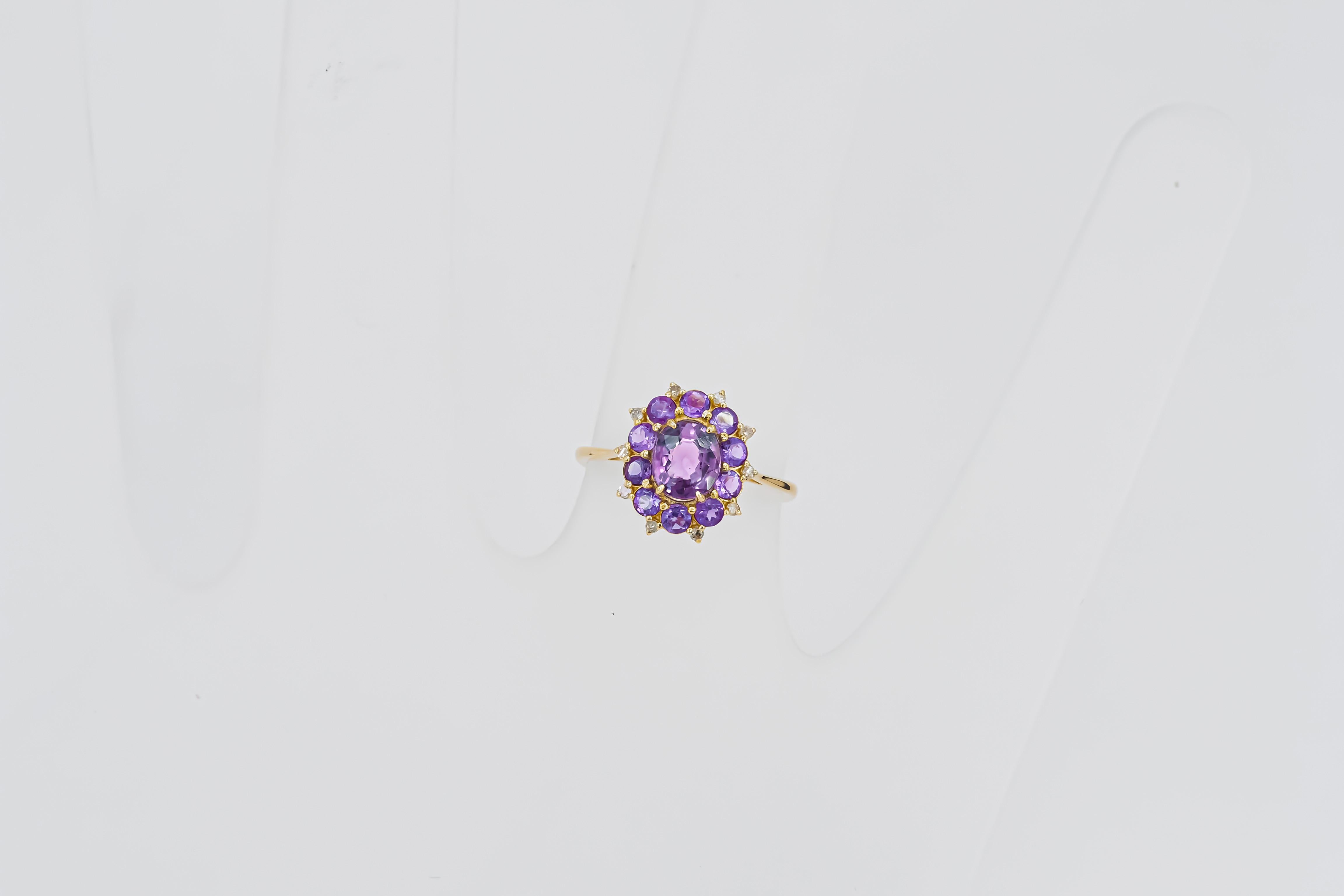 Amethyst und Diamanten 14k Gold Ring im Angebot 3