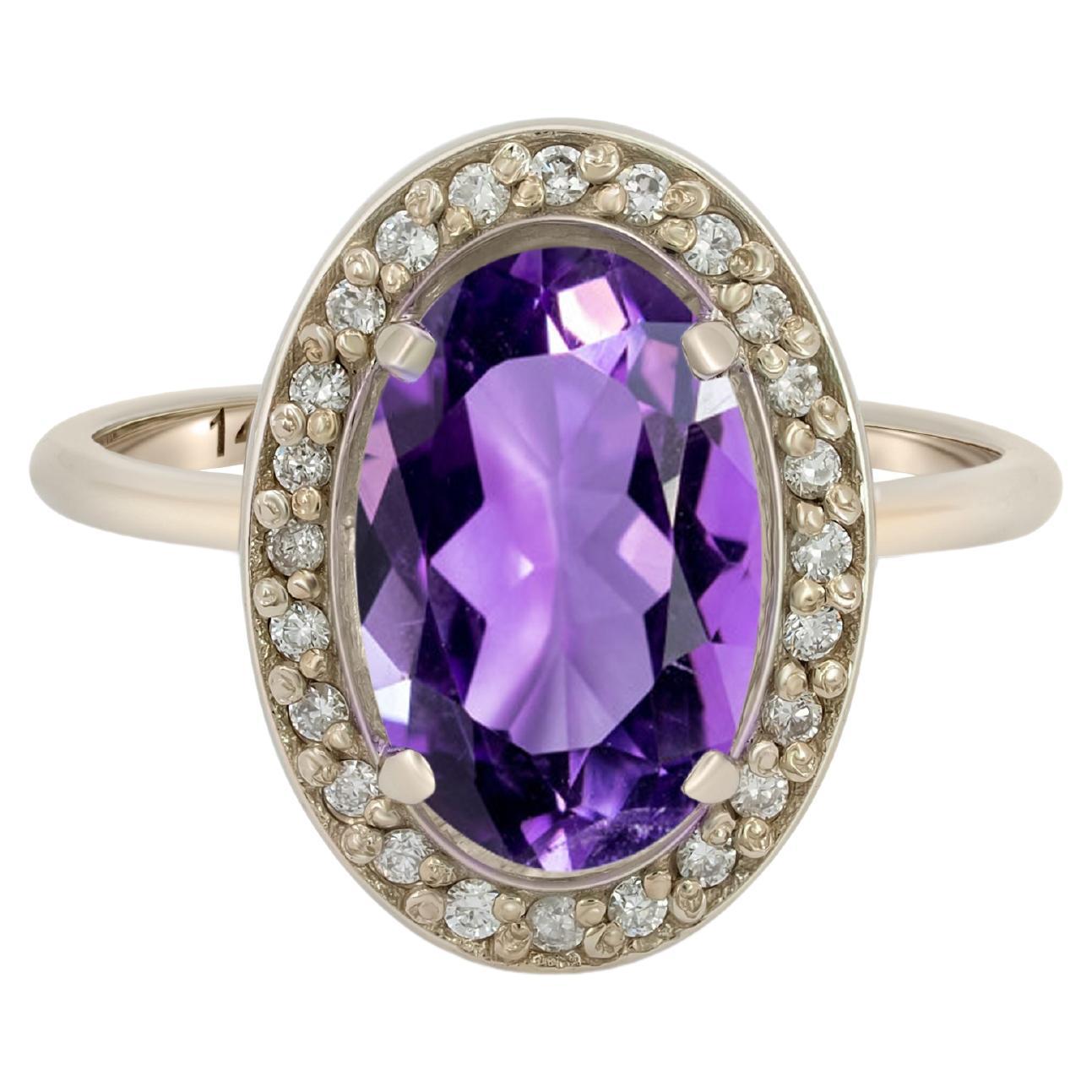 For Sale:  Amethyst and diamonds 14k gold ring.