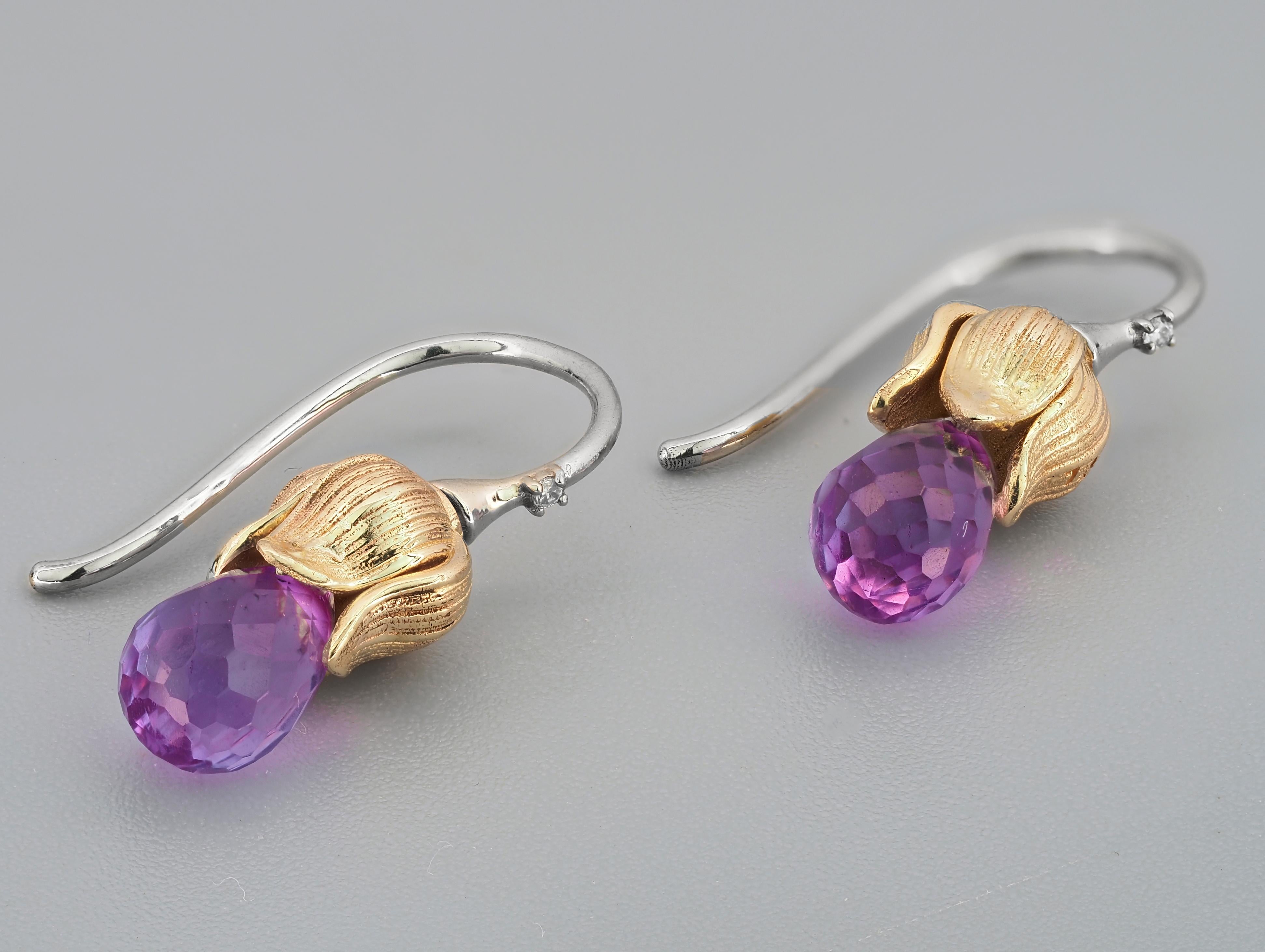 Amethyst and diamonds earrings. 
Briolette amethyst earrings. Gold drop earrings. Flower gold earrings with amethyst. February birthstone.

Size: 21x6mm.
Gold color yellow and white - 14k marked.
Weight: - 2.55 g.

Amethysts 2 pieces - violet color,
