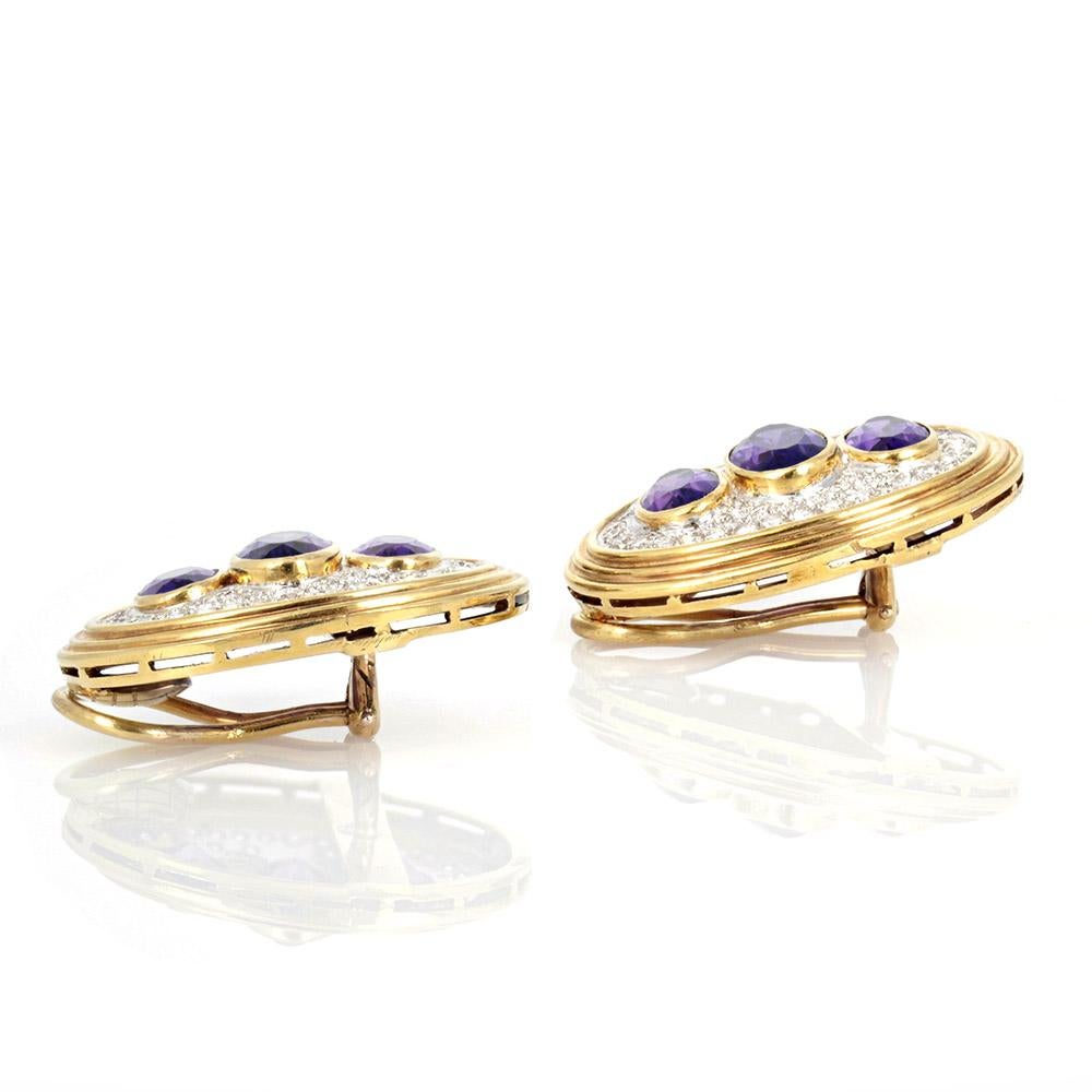 Amethyst Diamond Yellow Gold Clip Earrings In Good Condition In New York, NY