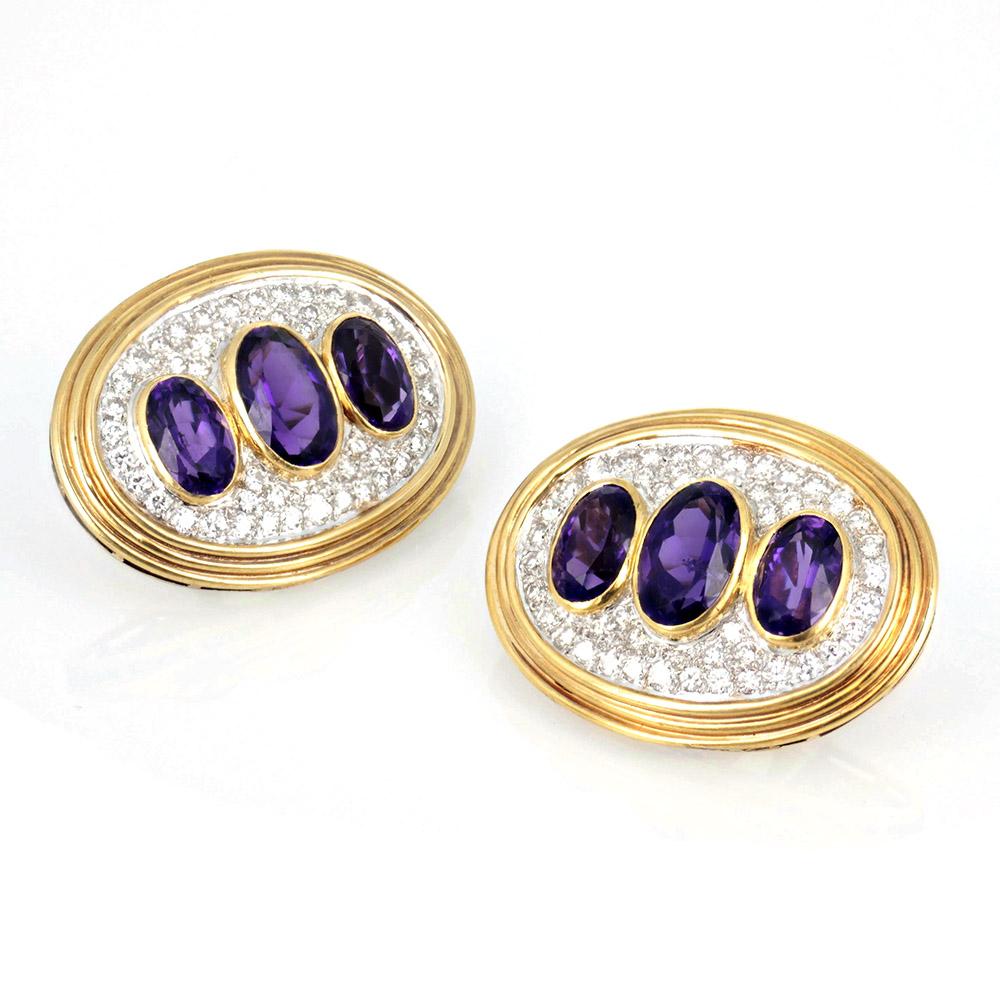 Contemporary Amethyst Diamond Yellow Gold Clip Earrings