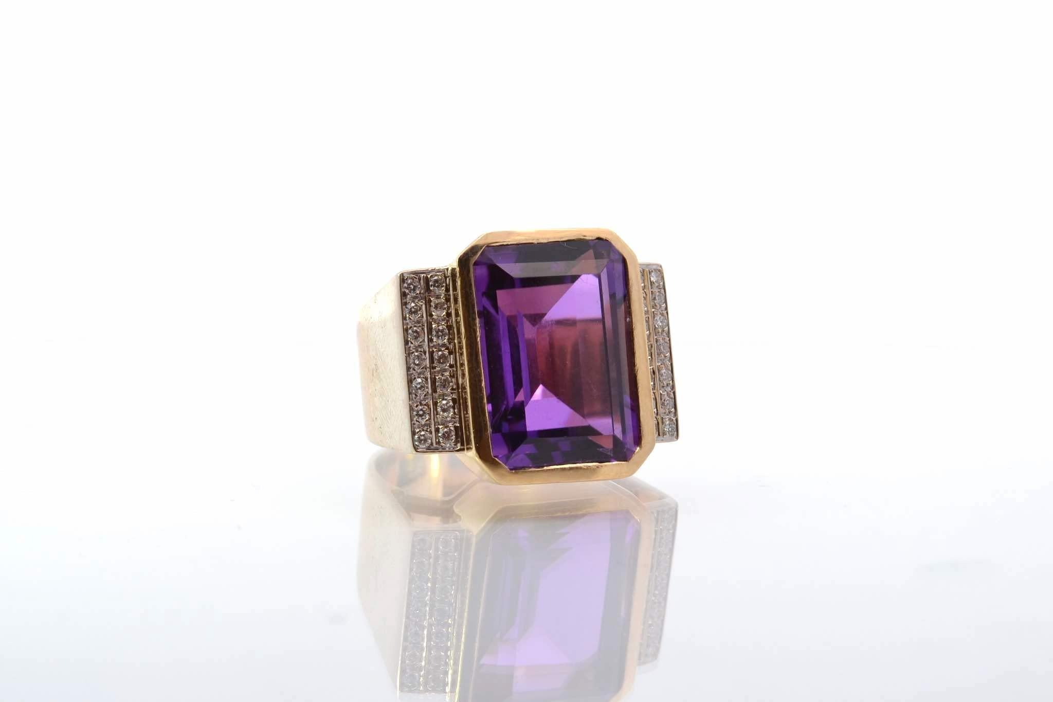 Emerald Cut Amethyst and diamonds tank ring  For Sale