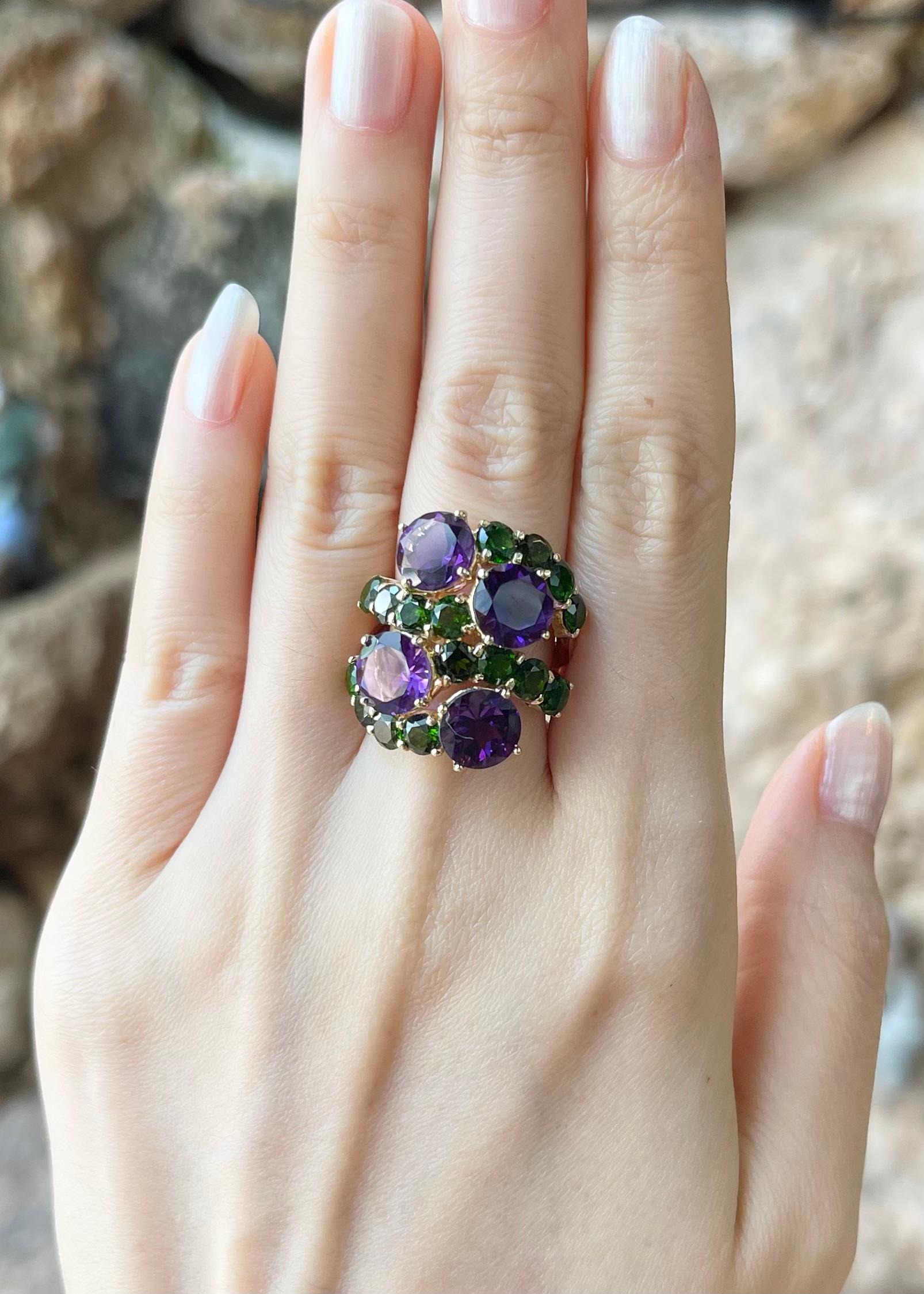 Amethyst 6.99 carats and Diopside 4.69 carats Ring set in 18K Gold Settings

Width:  2.5 cm 
Length: 2.5 cm
Ring Size: 53
Total Weight: 12.76 grams

