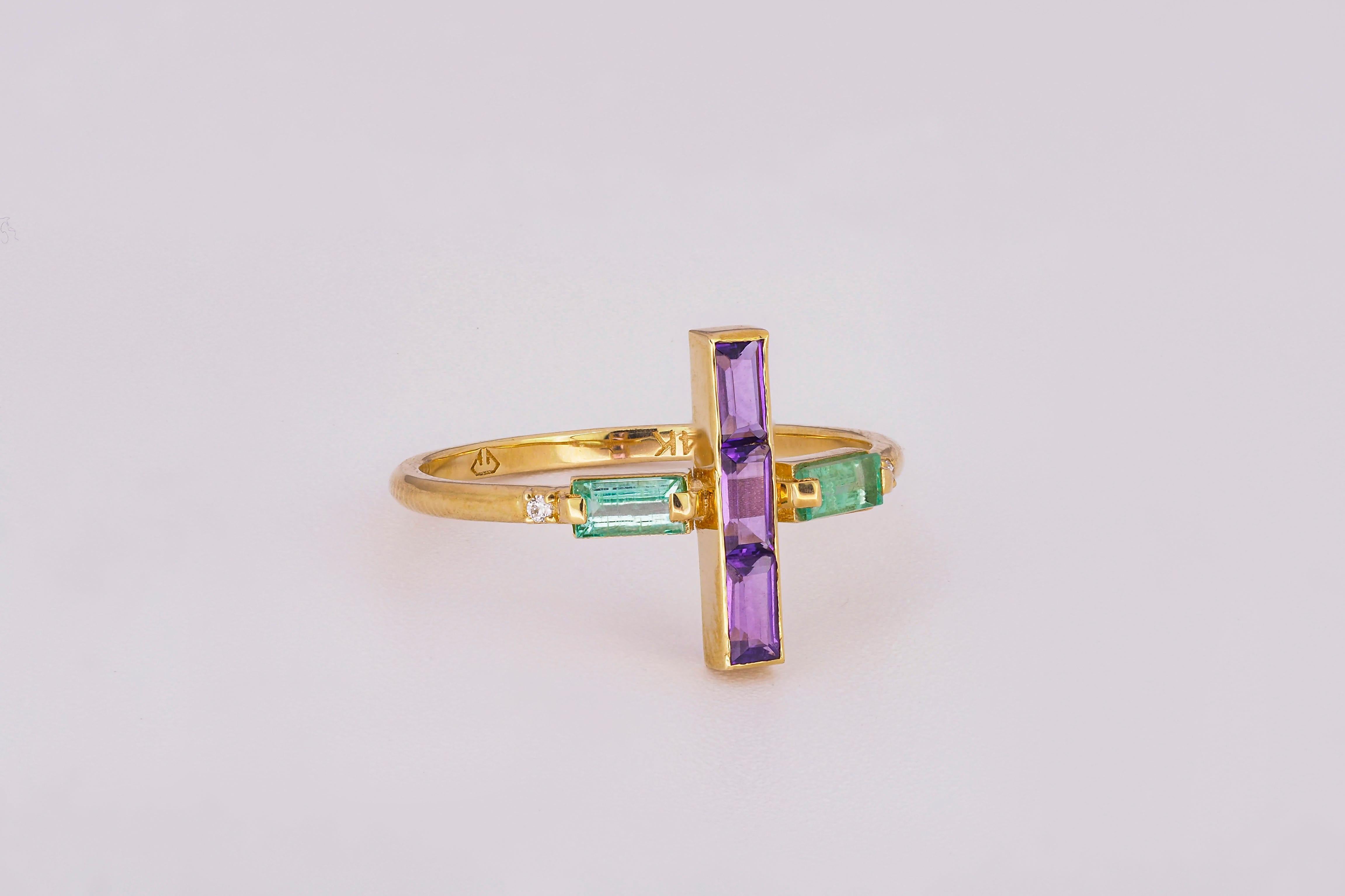 For Sale:  Amethyst and Emerald 14k Gold Ring, 14k Solid Gold Cross Ring 2