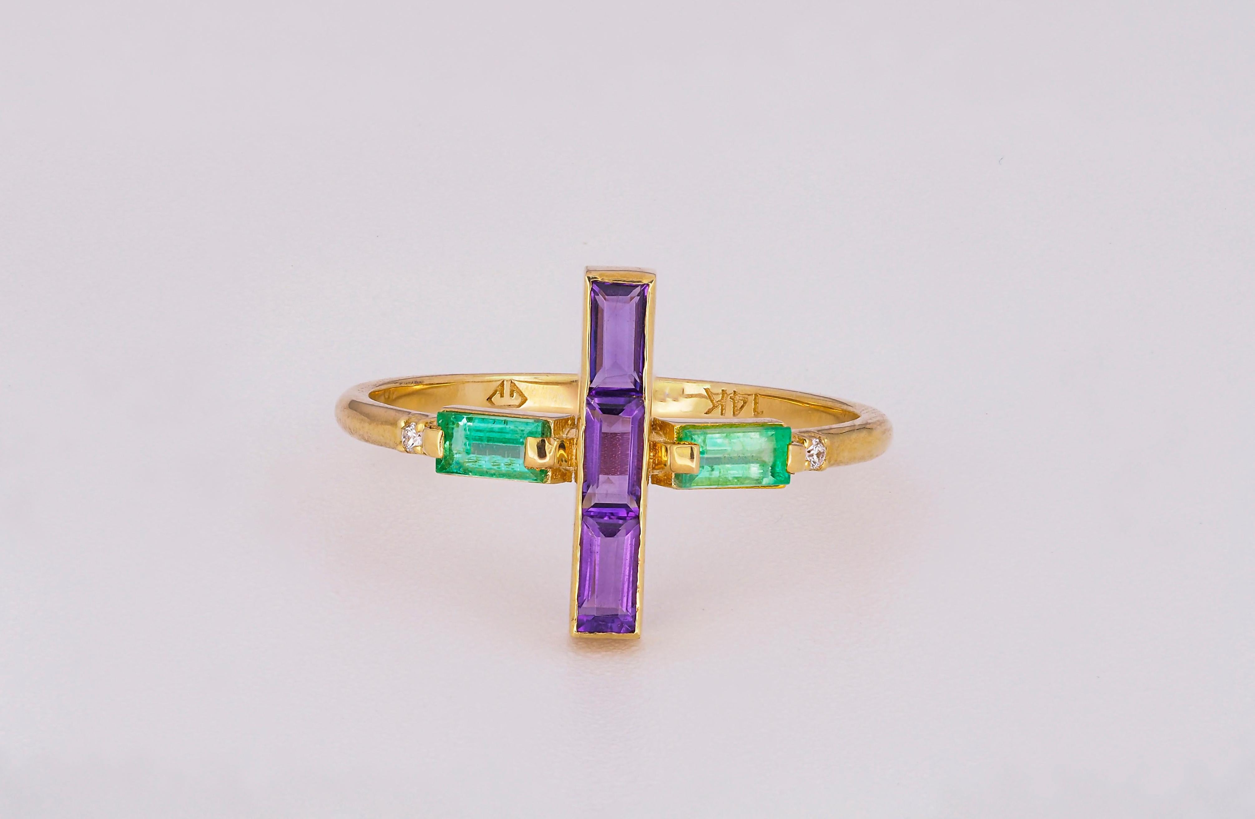For Sale:  Amethyst and Emerald 14k Gold Ring, 14k Solid Gold Cross Ring 3