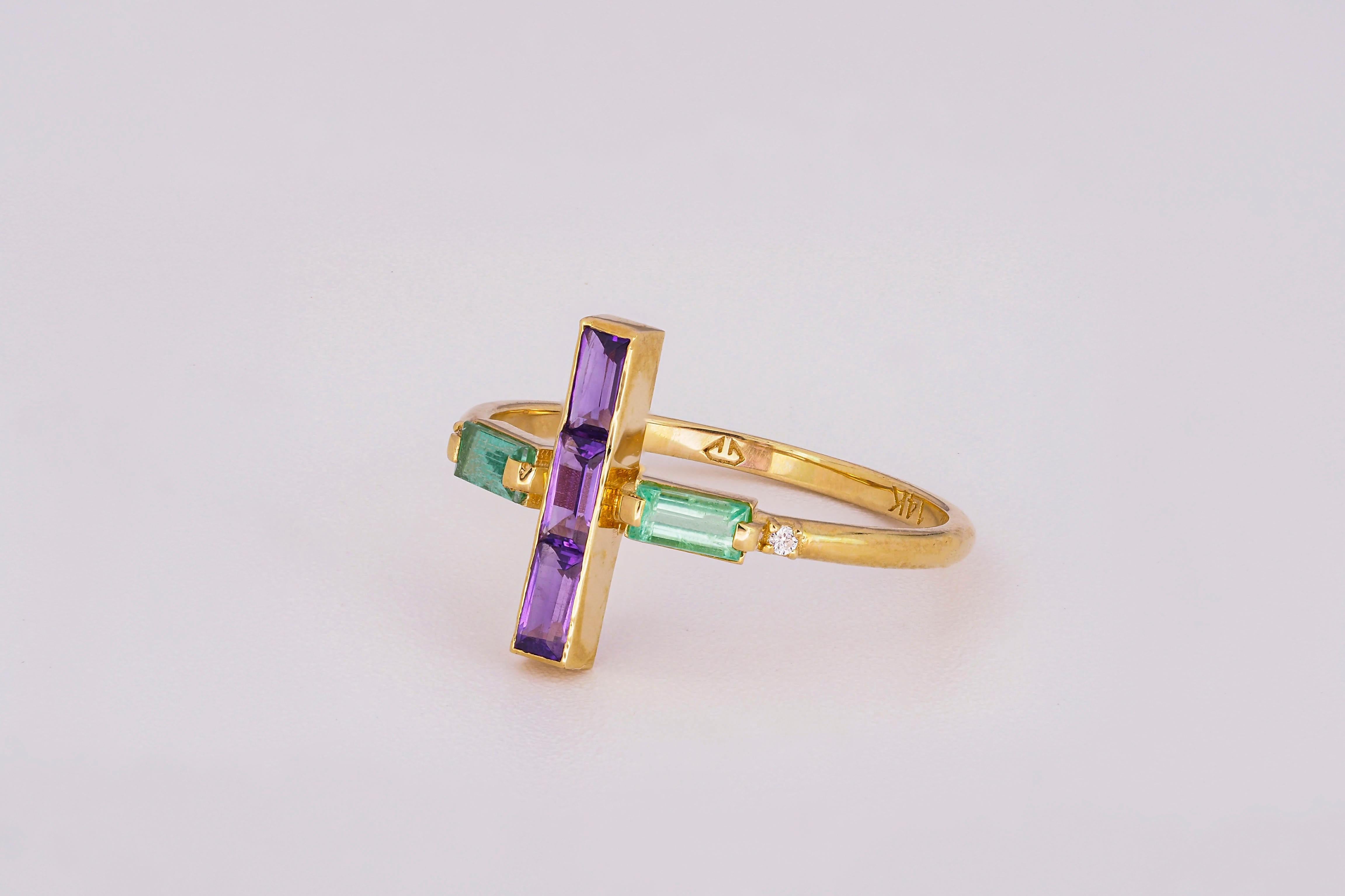 For Sale:  Amethyst and Emerald 14k Gold Ring, 14k Solid Gold Cross Ring 4