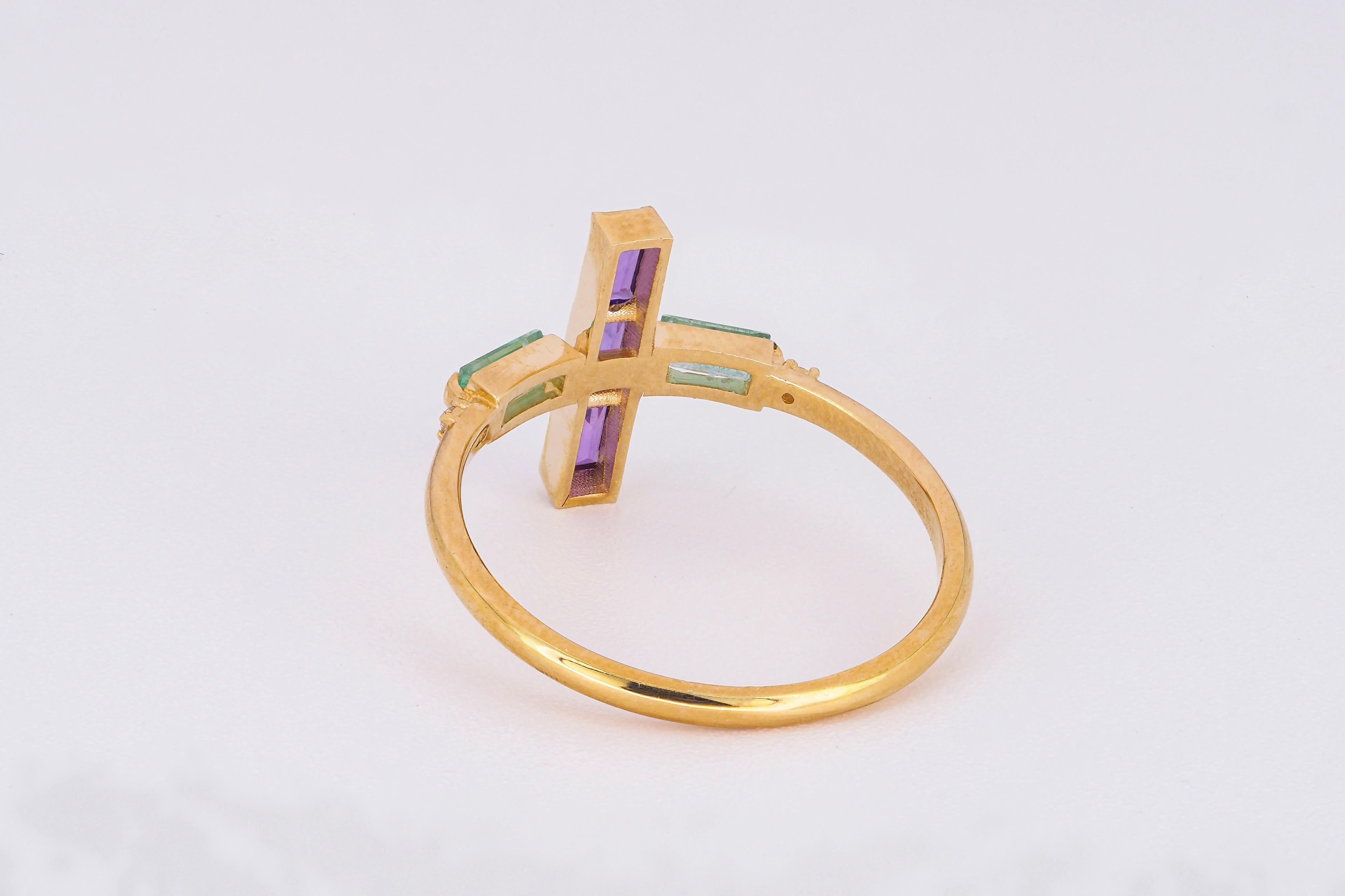 For Sale:  Amethyst and Emerald 14k Gold Ring, 14k Solid Gold Cross Ring 5