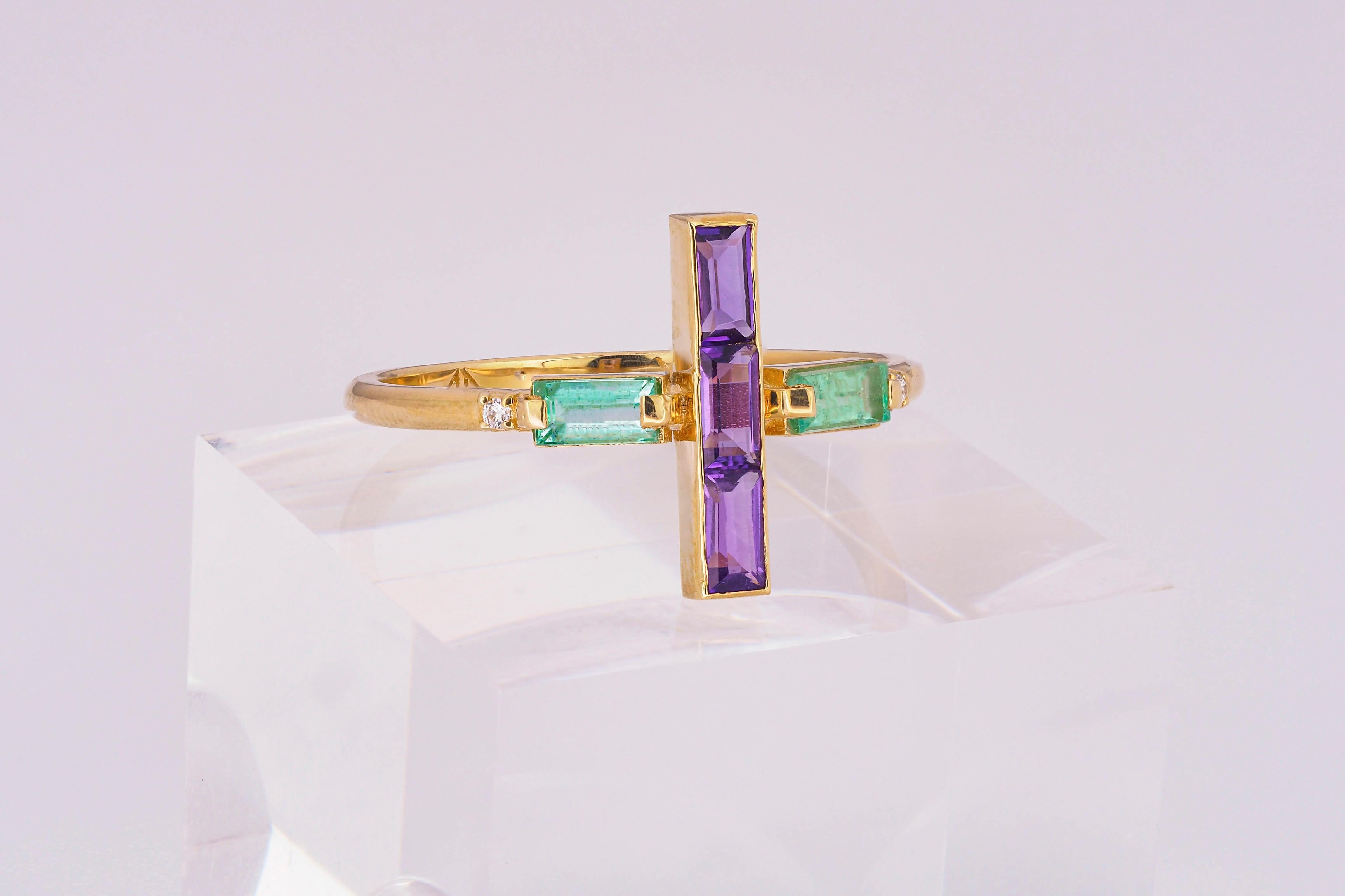 For Sale:  Amethyst and Emerald 14k Gold Ring, 14k Solid Gold Cross Ring 6