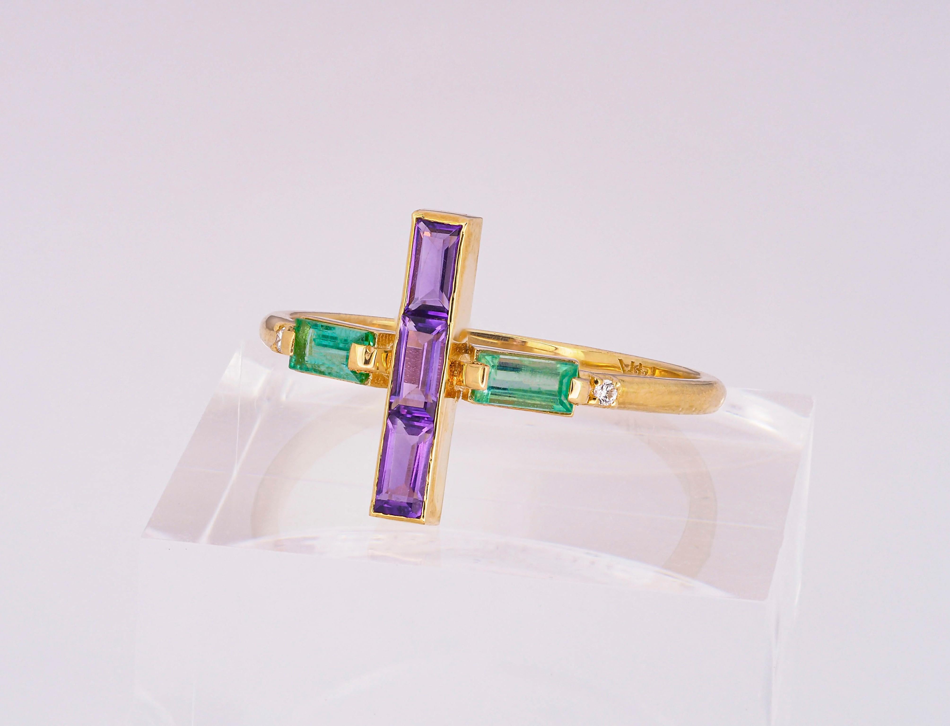 For Sale:  Amethyst and Emerald 14k Gold Ring, 14k Solid Gold Cross Ring 7