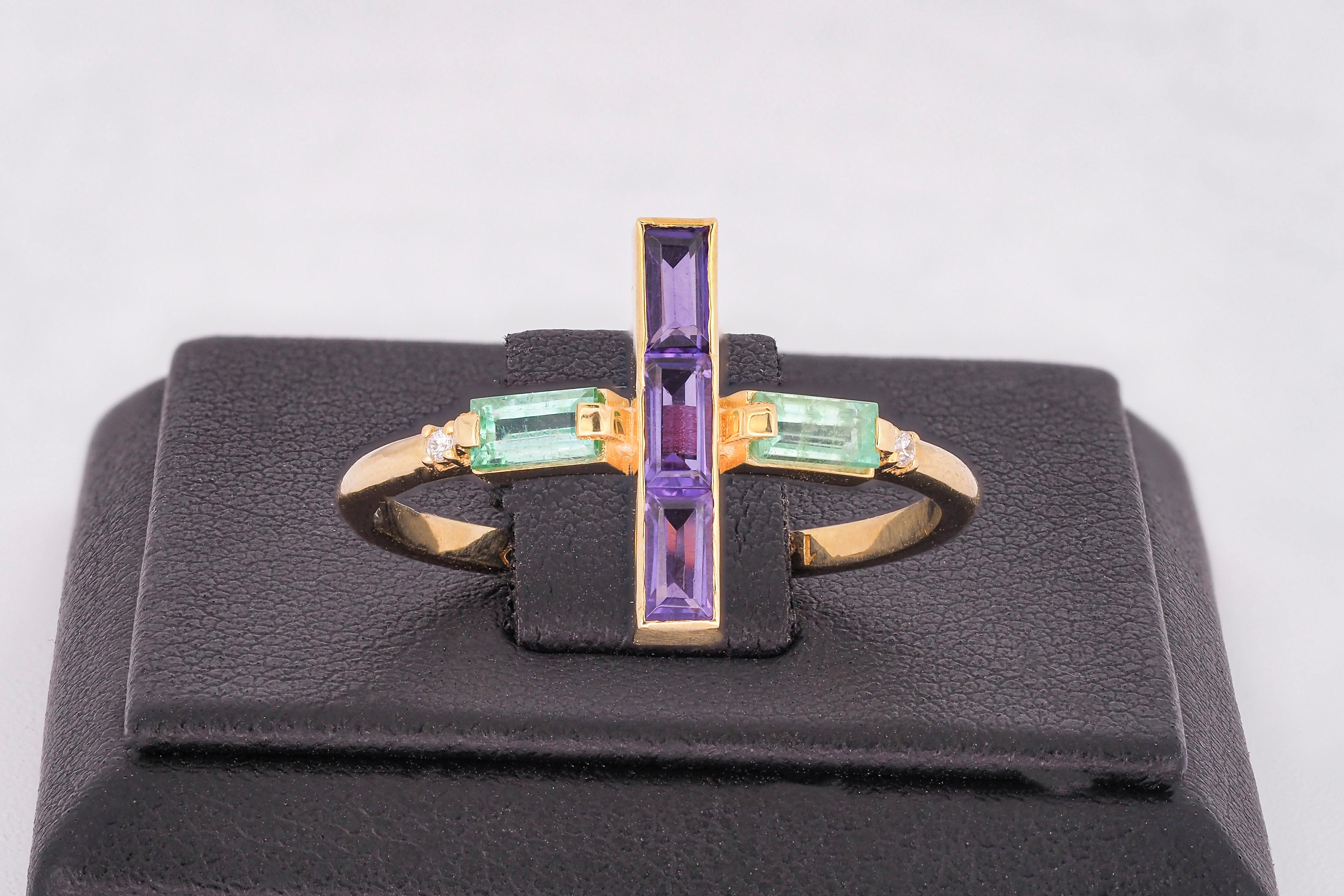 For Sale:  Amethyst and Emerald 14k Gold Ring, 14k Solid Gold Cross Ring 8