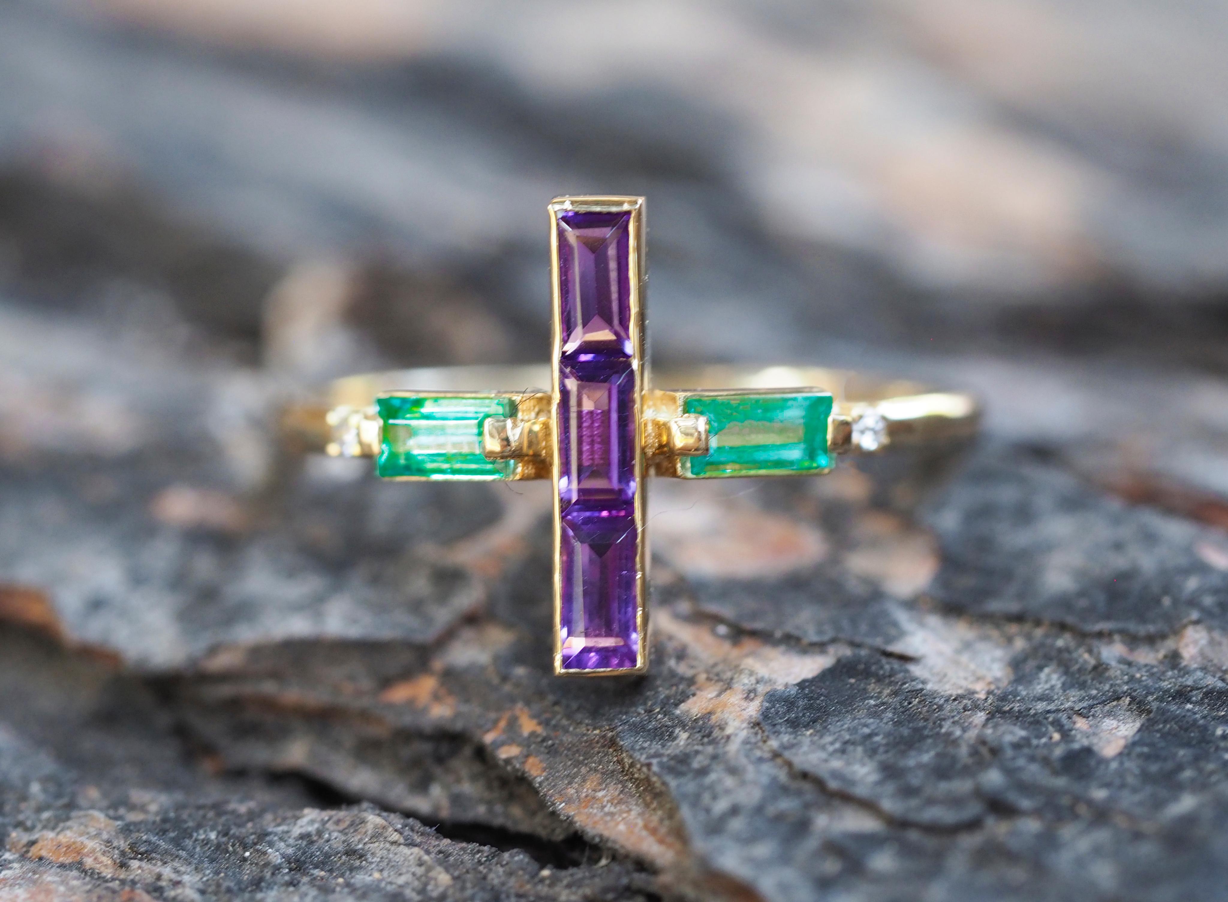 For Sale:  Amethyst and Emerald 14k Gold Ring, 14k Solid Gold Cross Ring 9