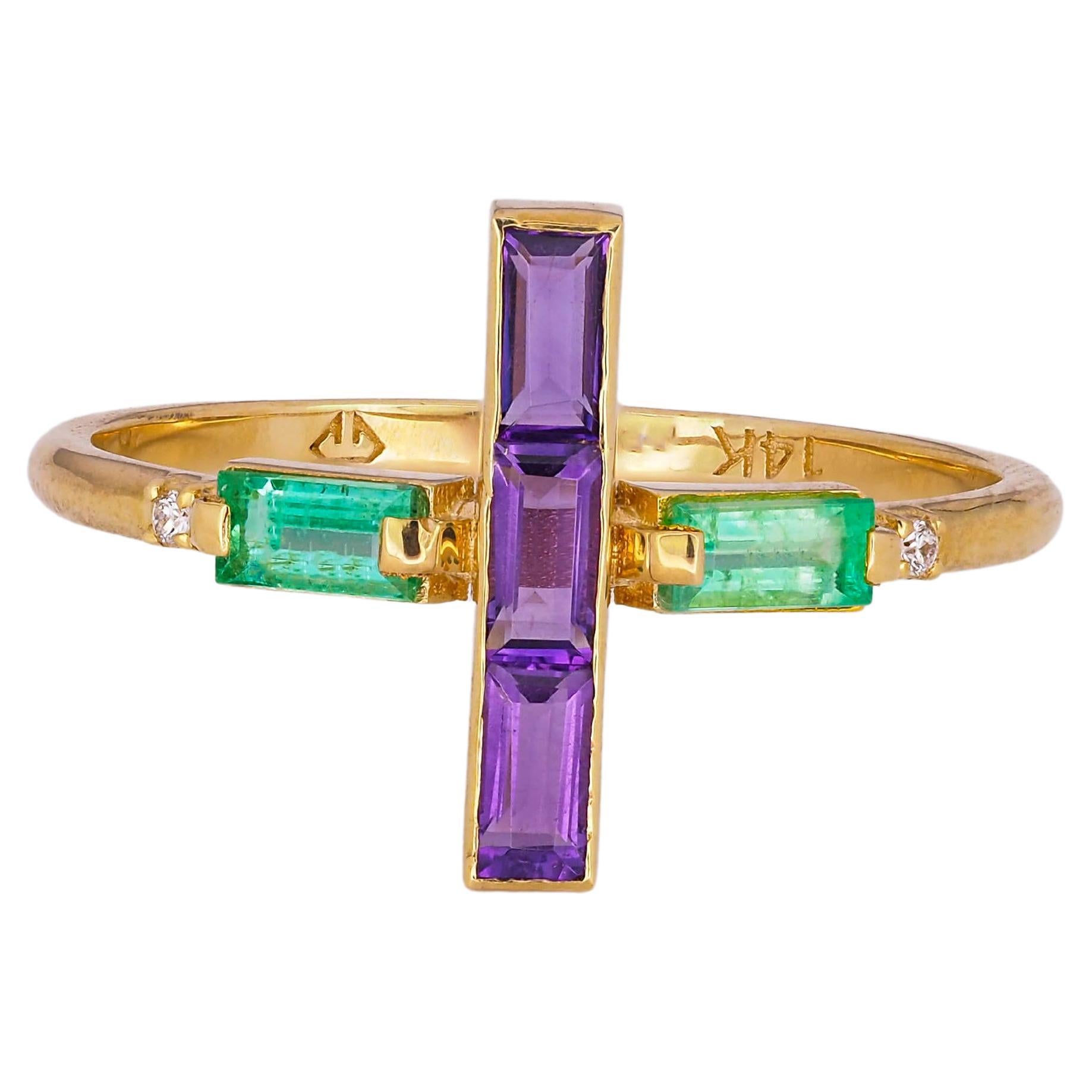 For Sale:  Amethyst and Emerald 14k Gold Ring, 14k Solid Gold Cross Ring