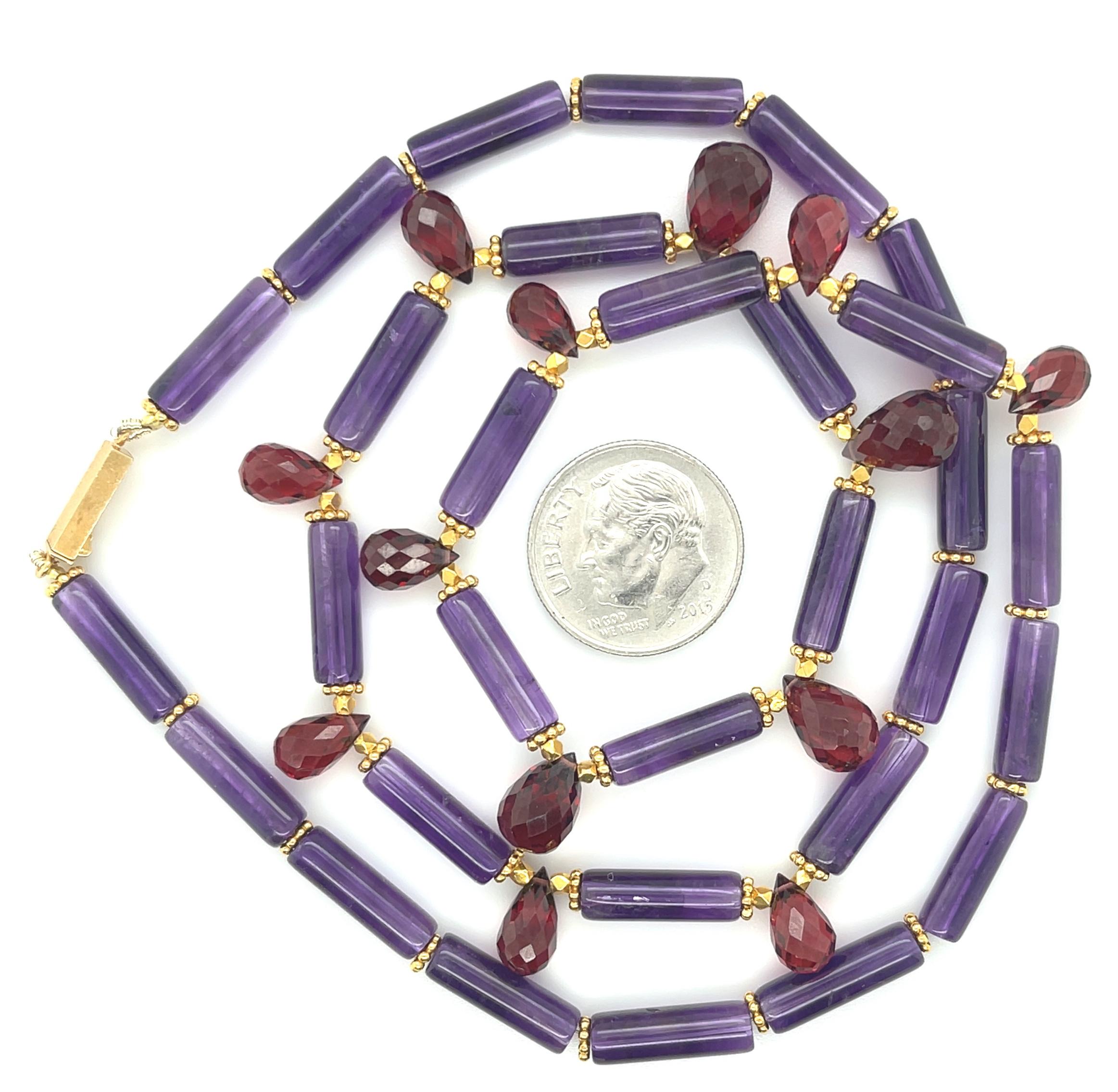 Perle Collier en perles d'améthyste et de grenat avec accents en or jaune, 20,5 pouces