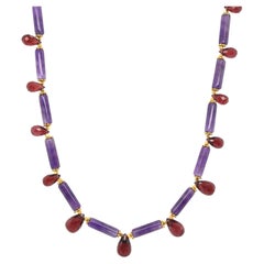 Amethyst and Garnet Beaded Necklace with Yellow Gold Accents, 20.5 Inches