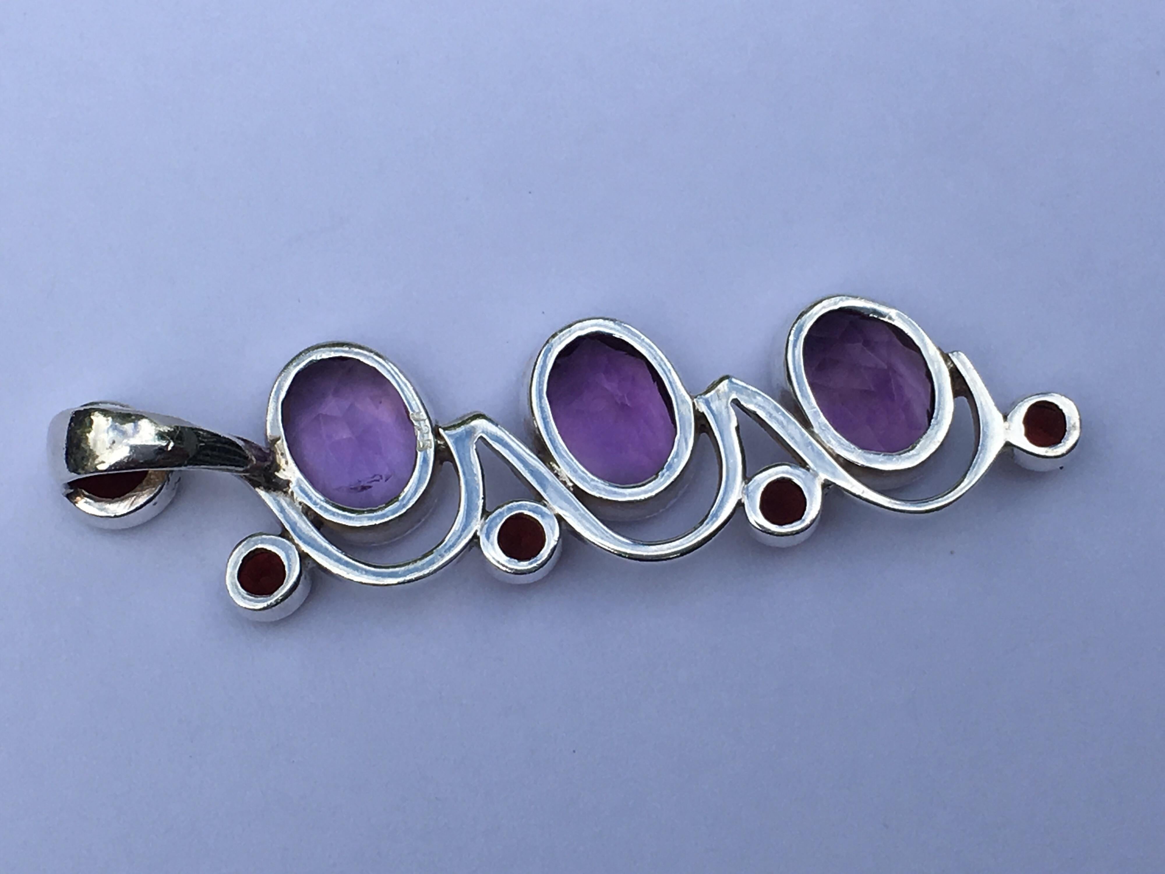 Contemporary Amethyst and Garnet Pendant Set in Sterling Silver For Sale